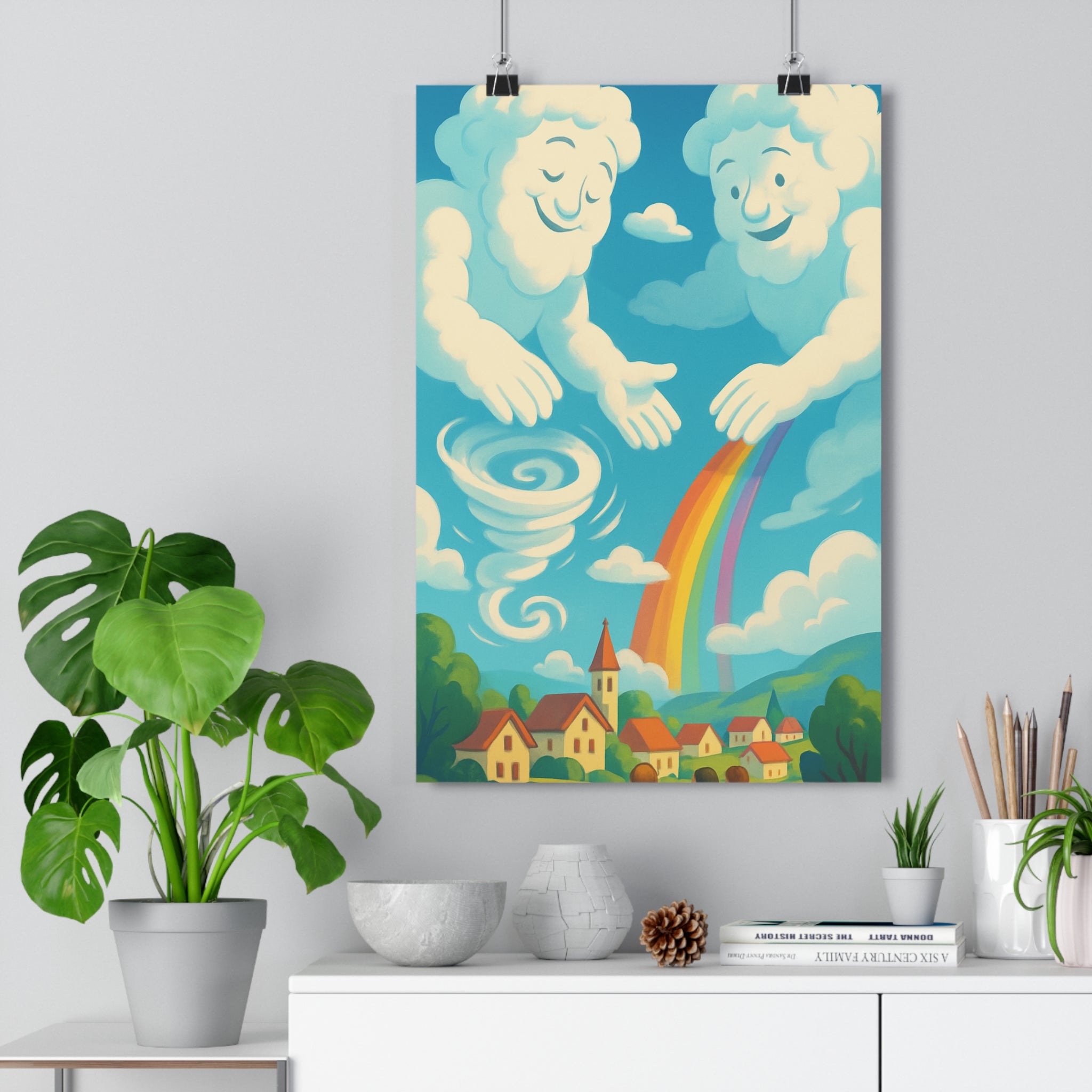 Poster décoratif fantaisie nuage pastel lumineux joyeux enfant chambre créatif village arcenciel tourbillon 30x46
