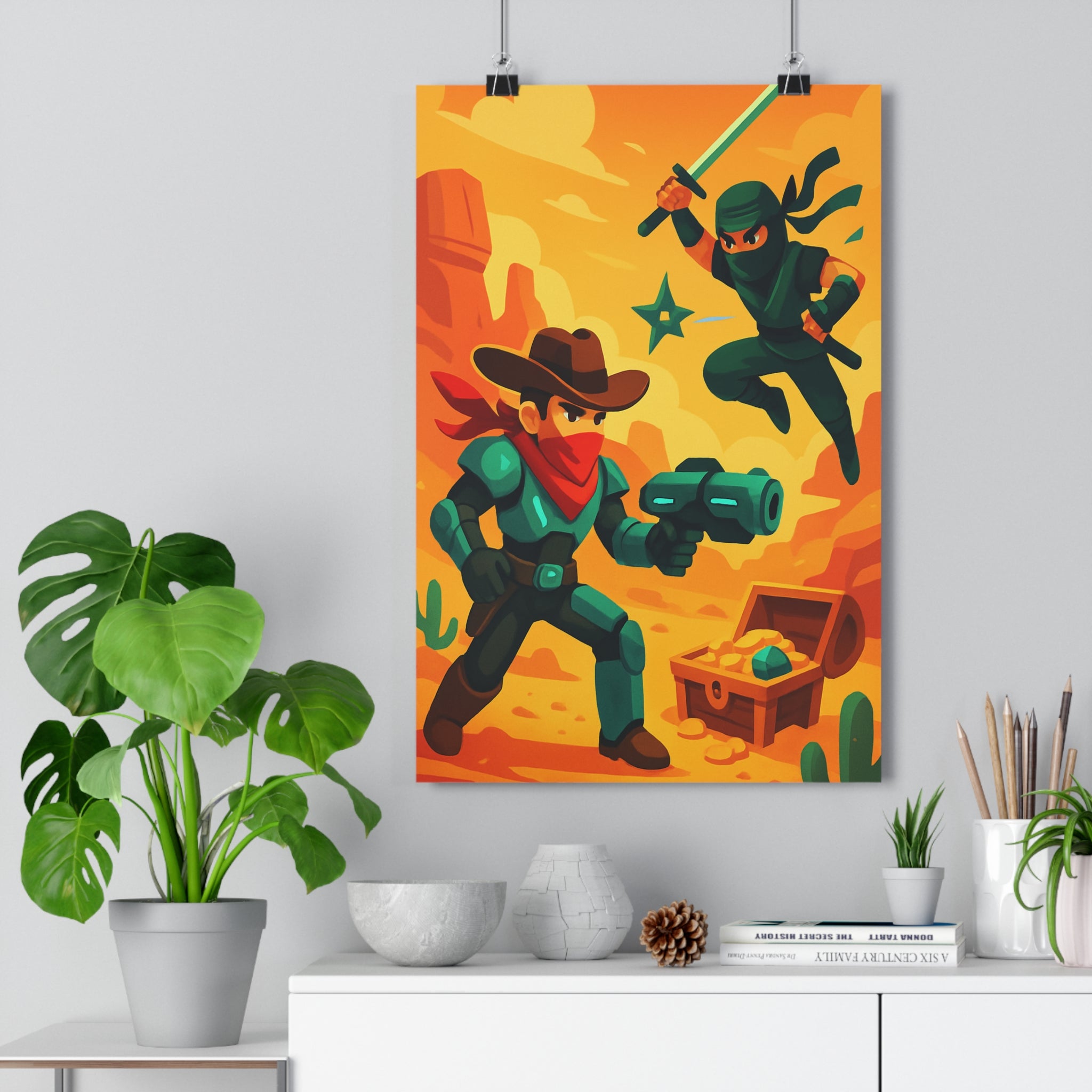 Poster décoratif duel cowboy ninja désert aventure couleurs vives moderne chambre salon bureau tendance