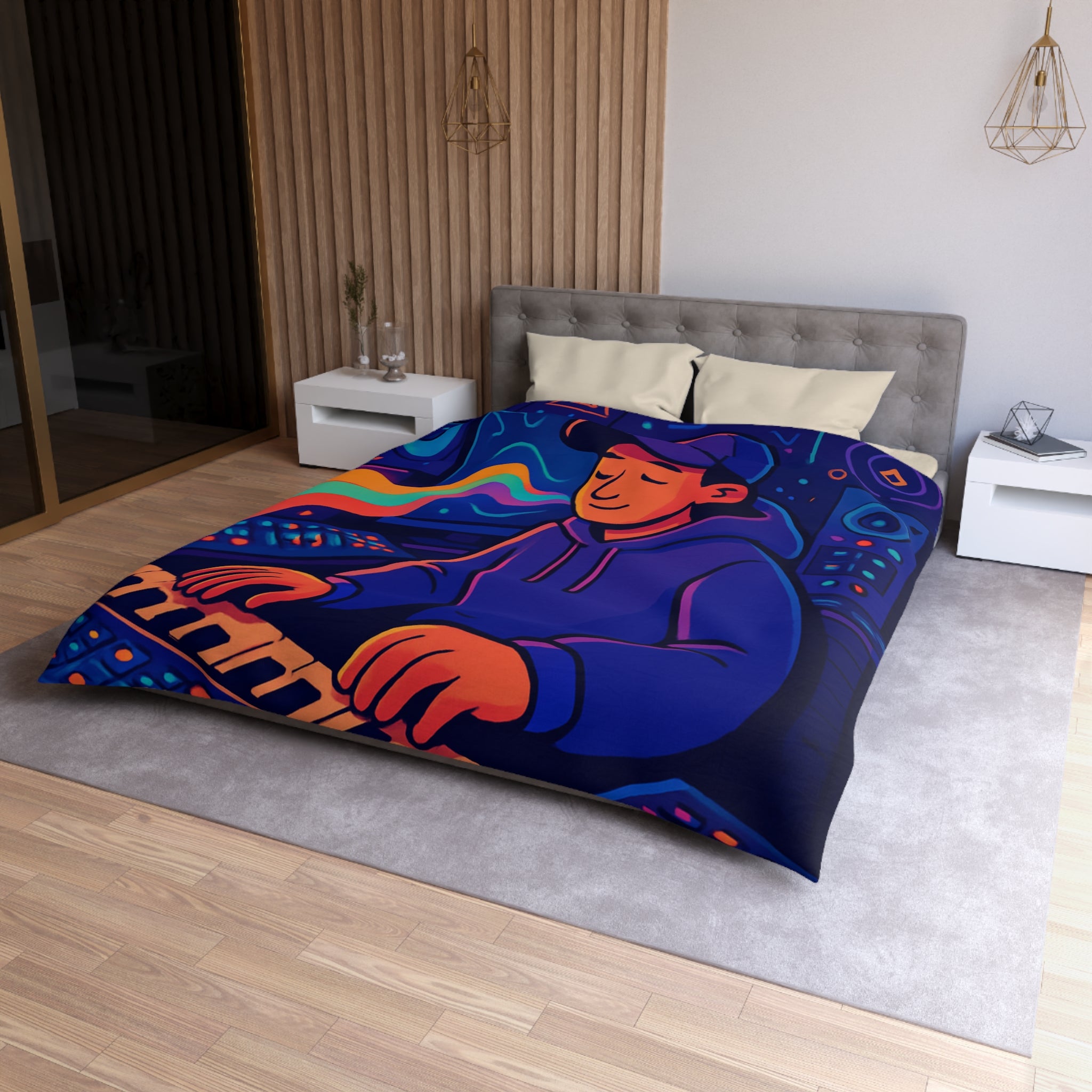 Housse de couette vibrante avec musicien dans un studio coloré et moderne