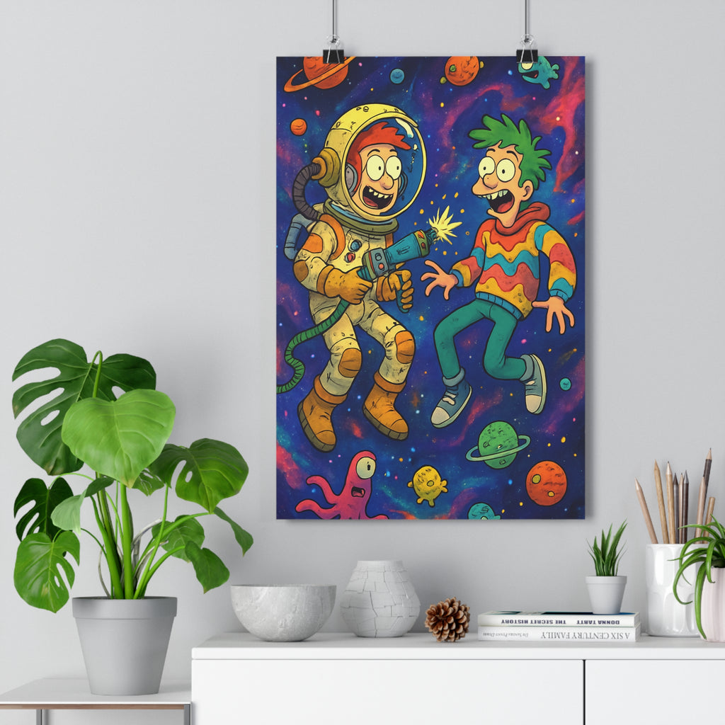 Poster décoratif explorateurs multivers cosmos cartoon bleu violet orange aventure chambre ludique espace vibrant