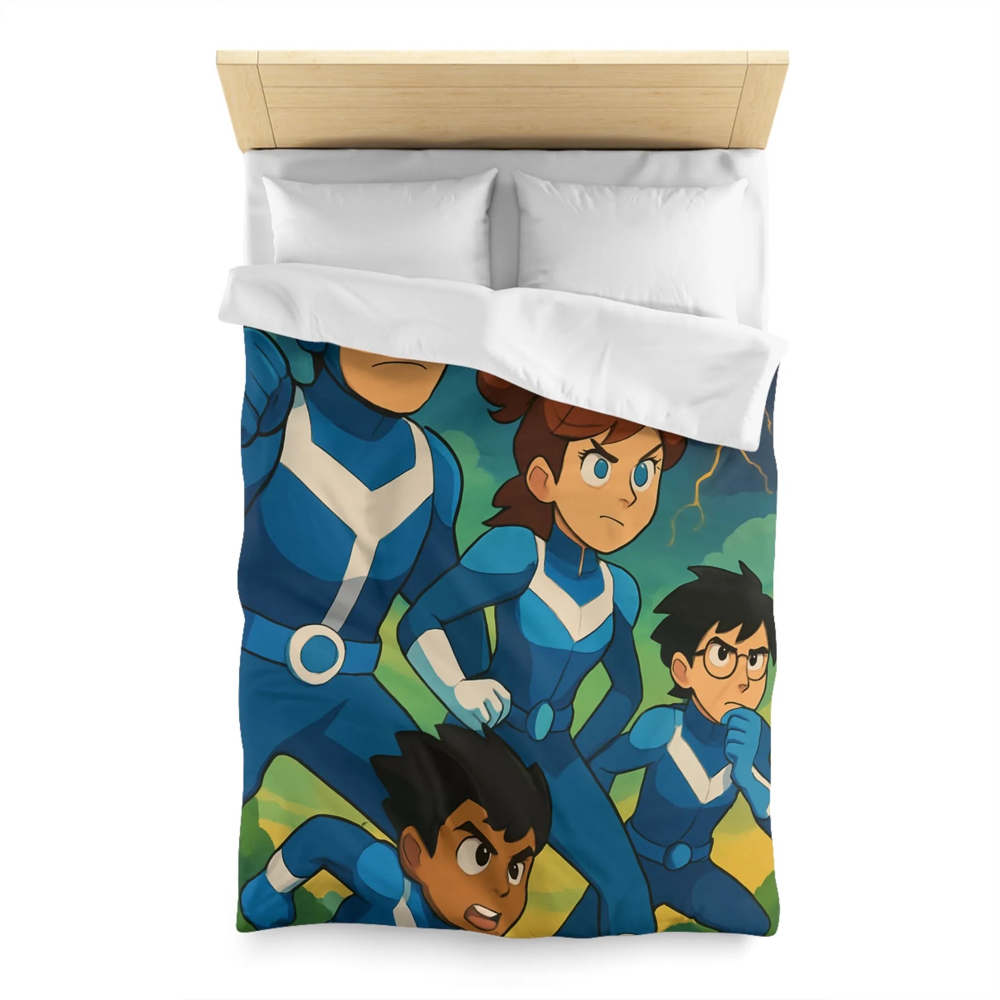 Housse de couette aventure : personnages animés et ciel orageux captivant pour chambre dynamique