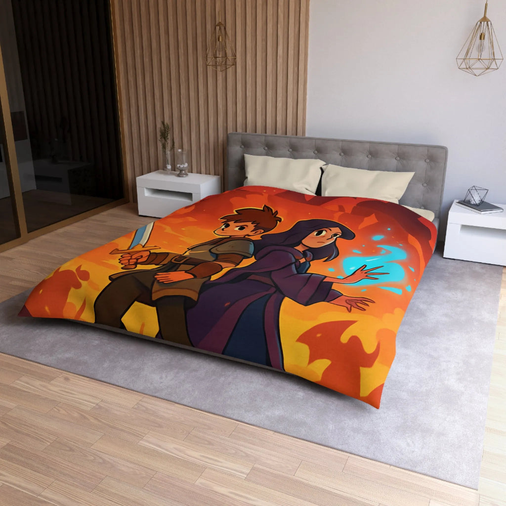 Housse de couette épique, jeunes aventuriers et dragons incandescents en fantaisie captivante