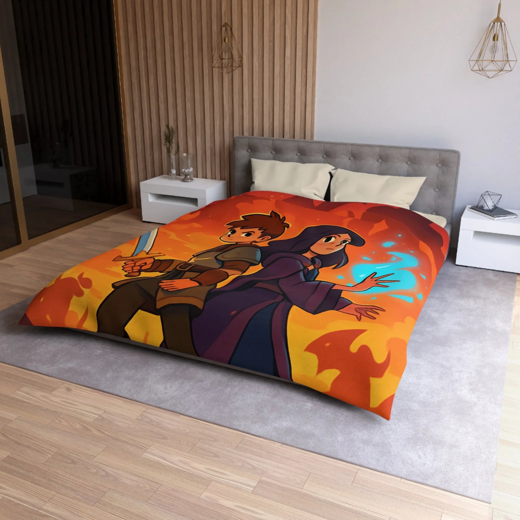 Housse de couette épique, jeunes aventuriers et dragons incandescents en fantaisie captivante