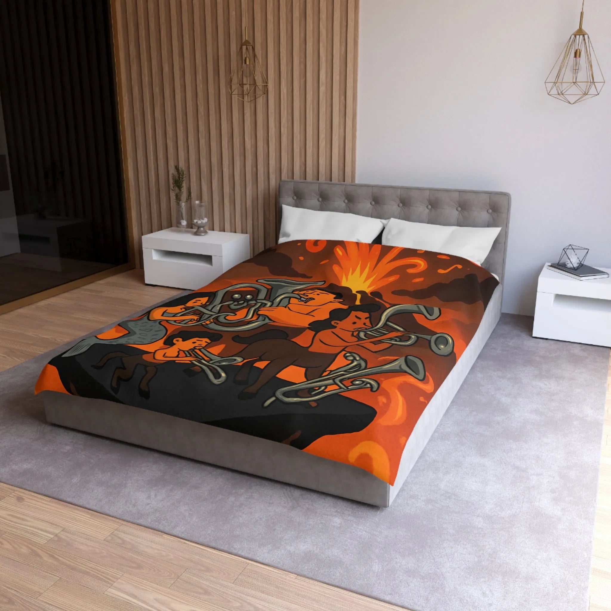 Housse de couette avec design mythique de musiciens sur fond volcanique flamboyant