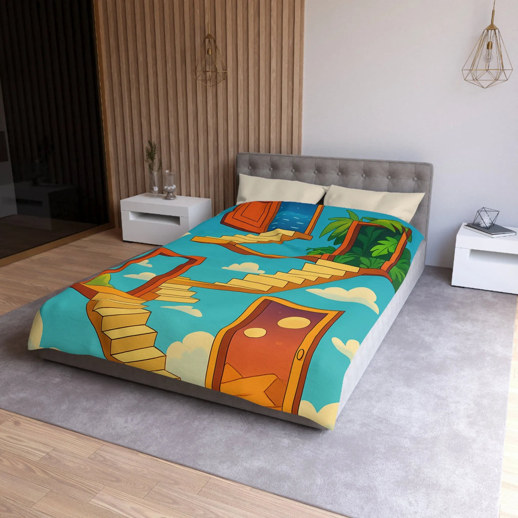 Housse de couette avec escaliers infinis et paysage surréaliste, ciel étoilé