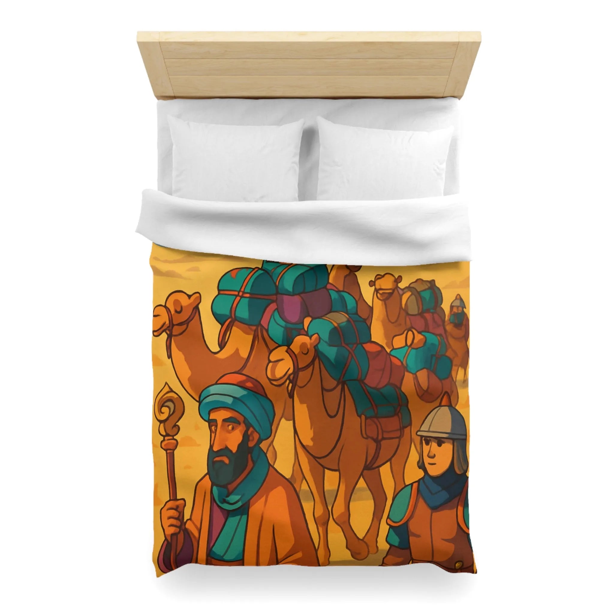 Housse de couette avec caravane de chameaux traversant un désert montagneux en arrière-plan