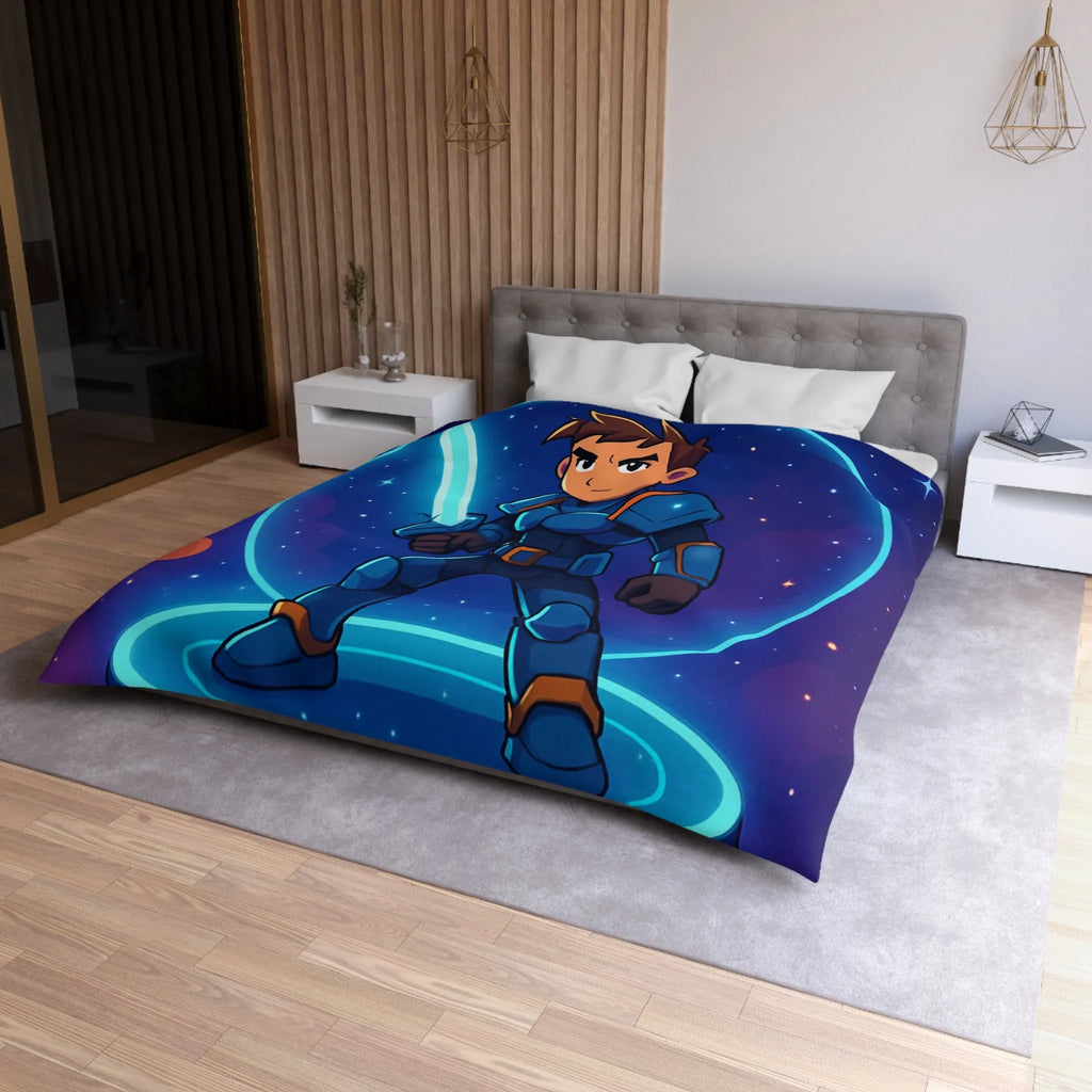 Ensemble galactique animé avec jeune héros et épée lumineuse sur fond cosmique vibrant