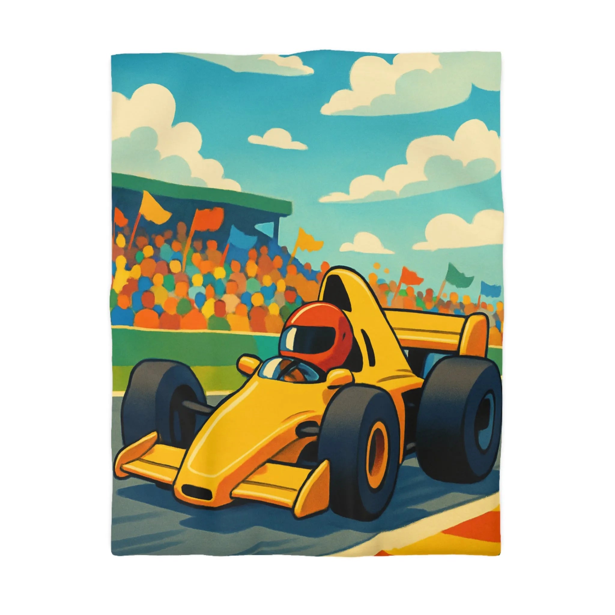 Housse de couette enfant voiture de course jaune circuit ambiance dynamique et colorée