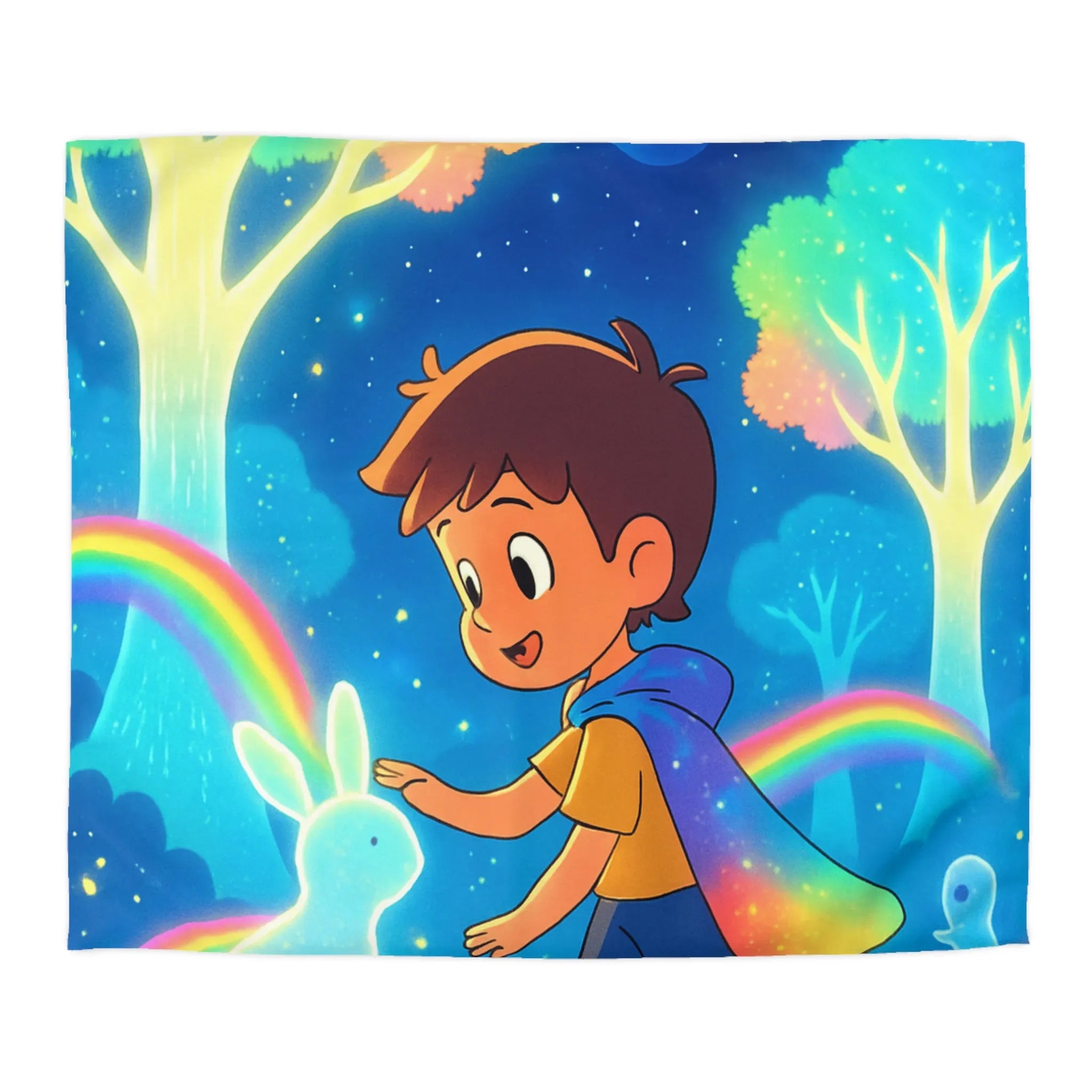 Housse de couette enfantine aux créatures lumineuses et arcs-en-ciel dans forêt enchantée