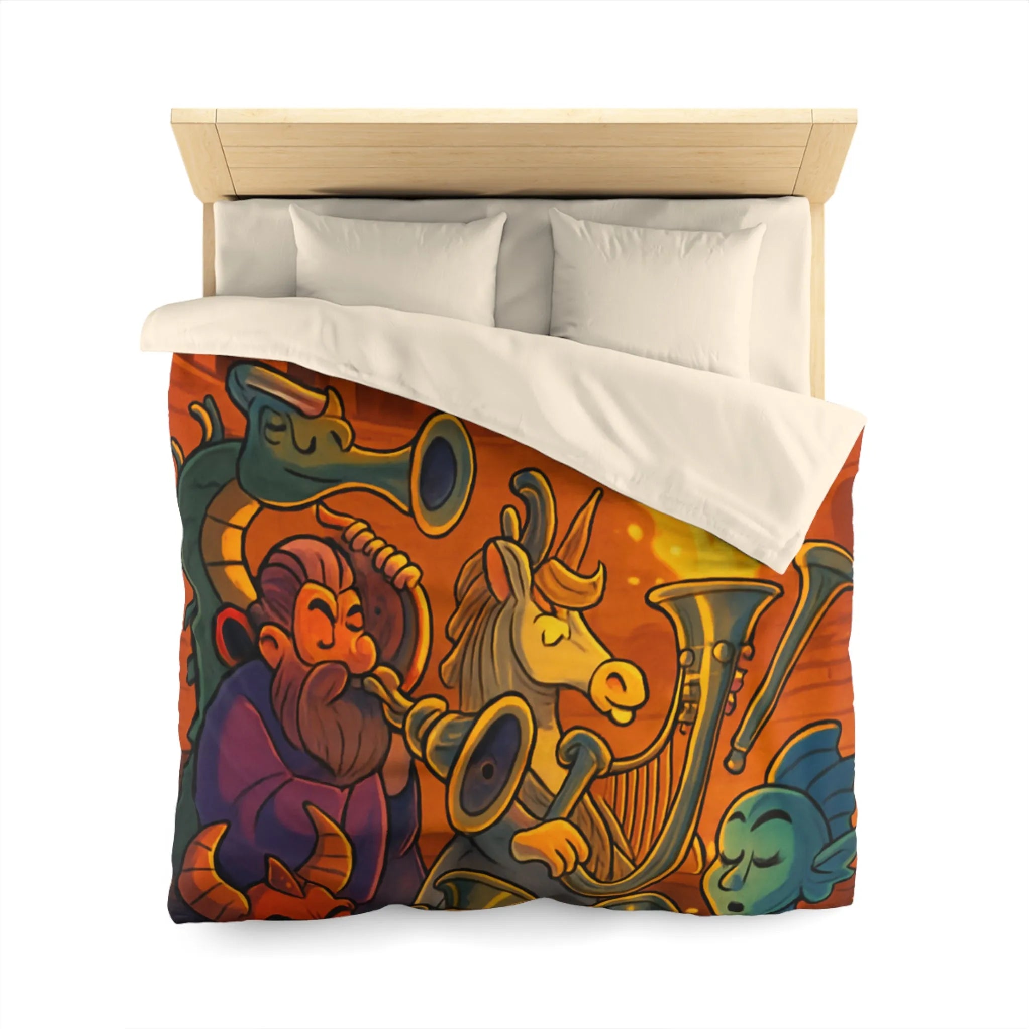 Housse de couette fantastique illustrée avec dragons, musiciens mythiques et couleurs flamboyantes