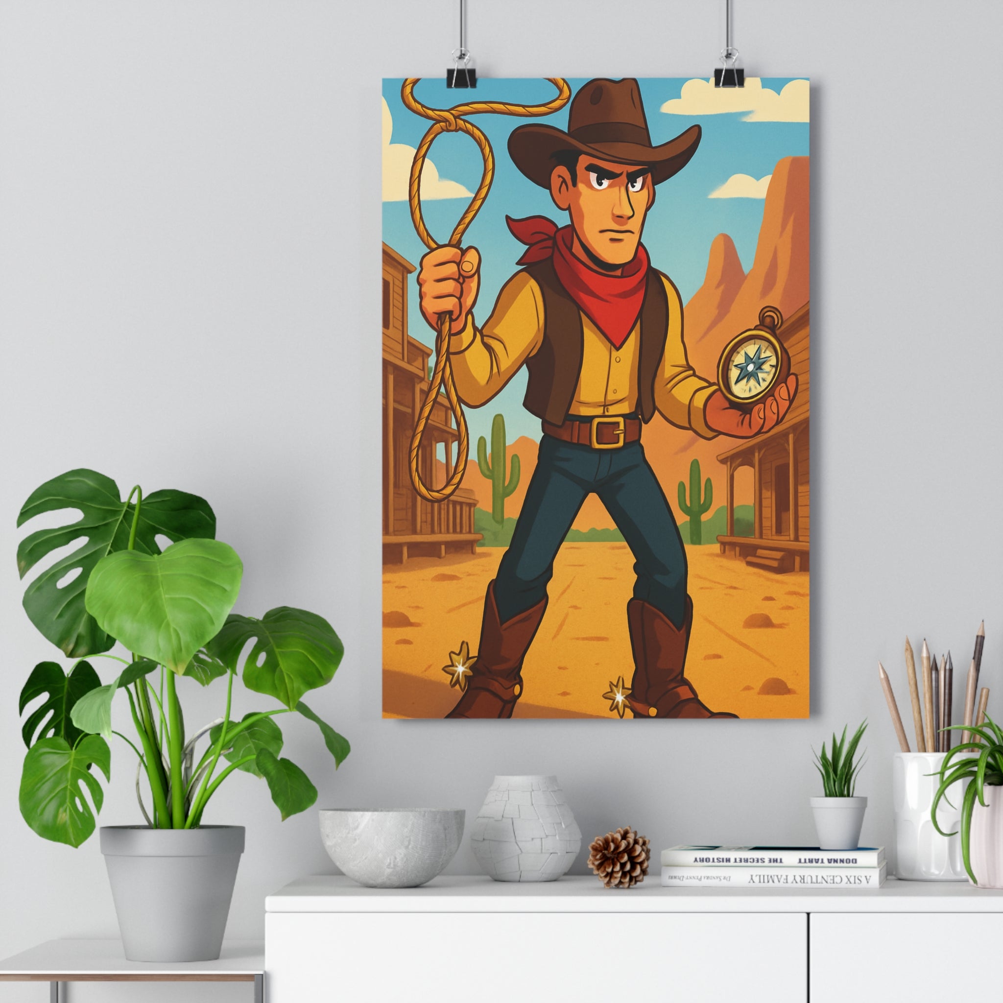 Poster décoratif cartoon cowboy aventure western vintage brun jaune bleu chambre bureau 30x46 qualité