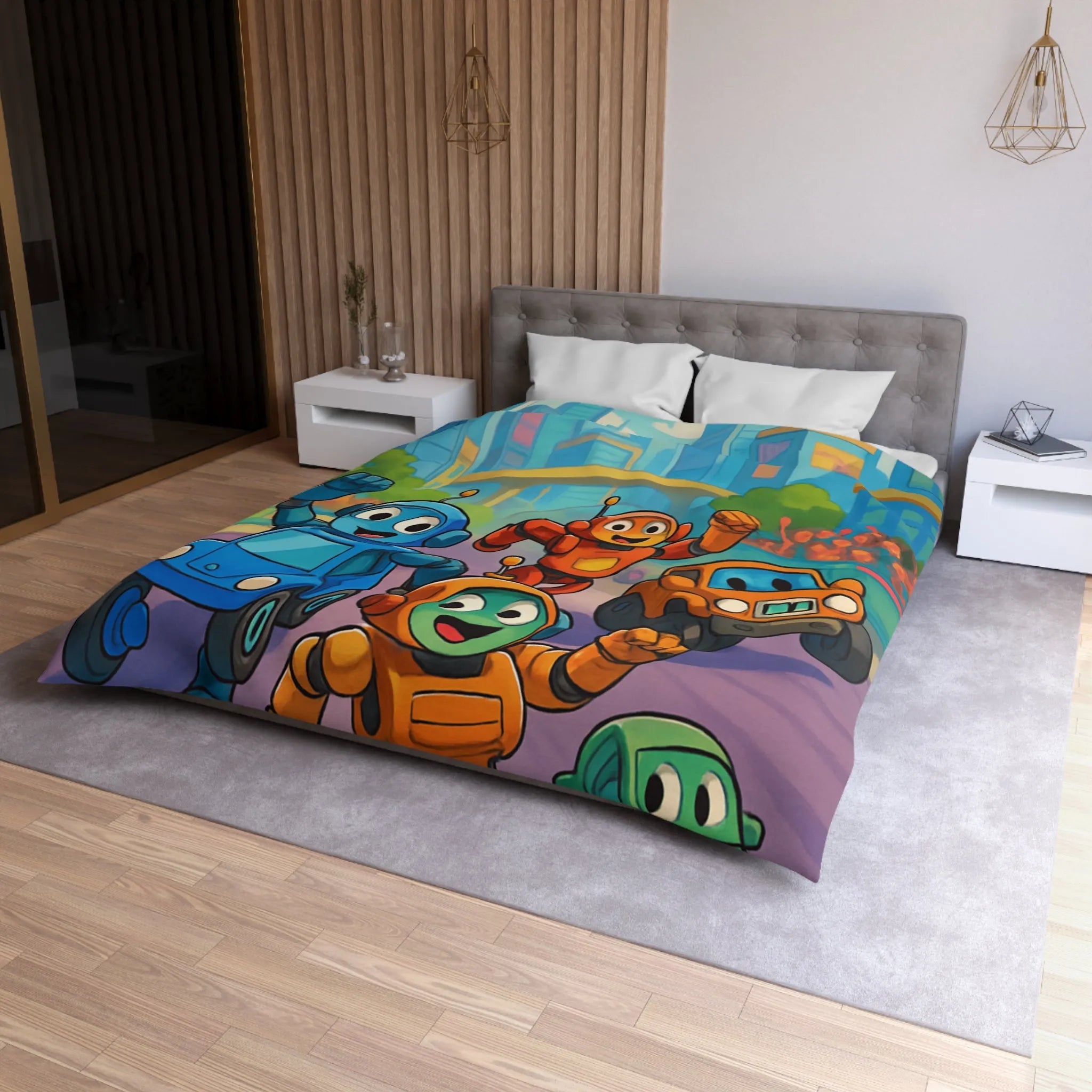 Housse de Couette Animée avec Robots Joyeux et Ville Futuriste pour Enfants