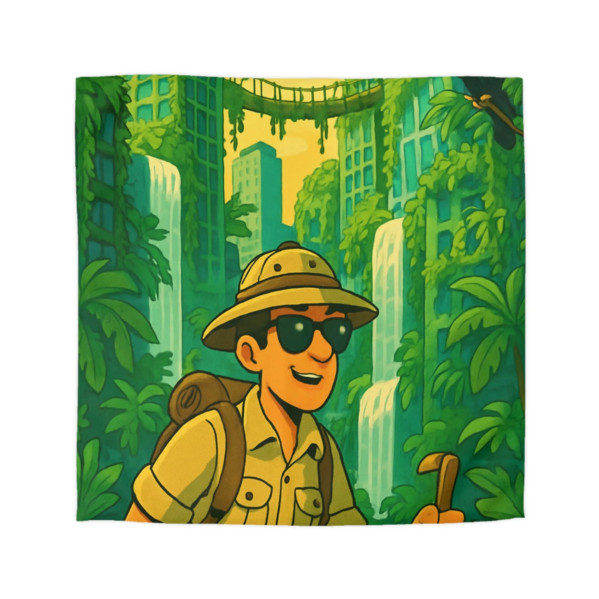 Housse de Couette Aventure Tropicale Multicolore avec Explorateur et Faune Luxuriante