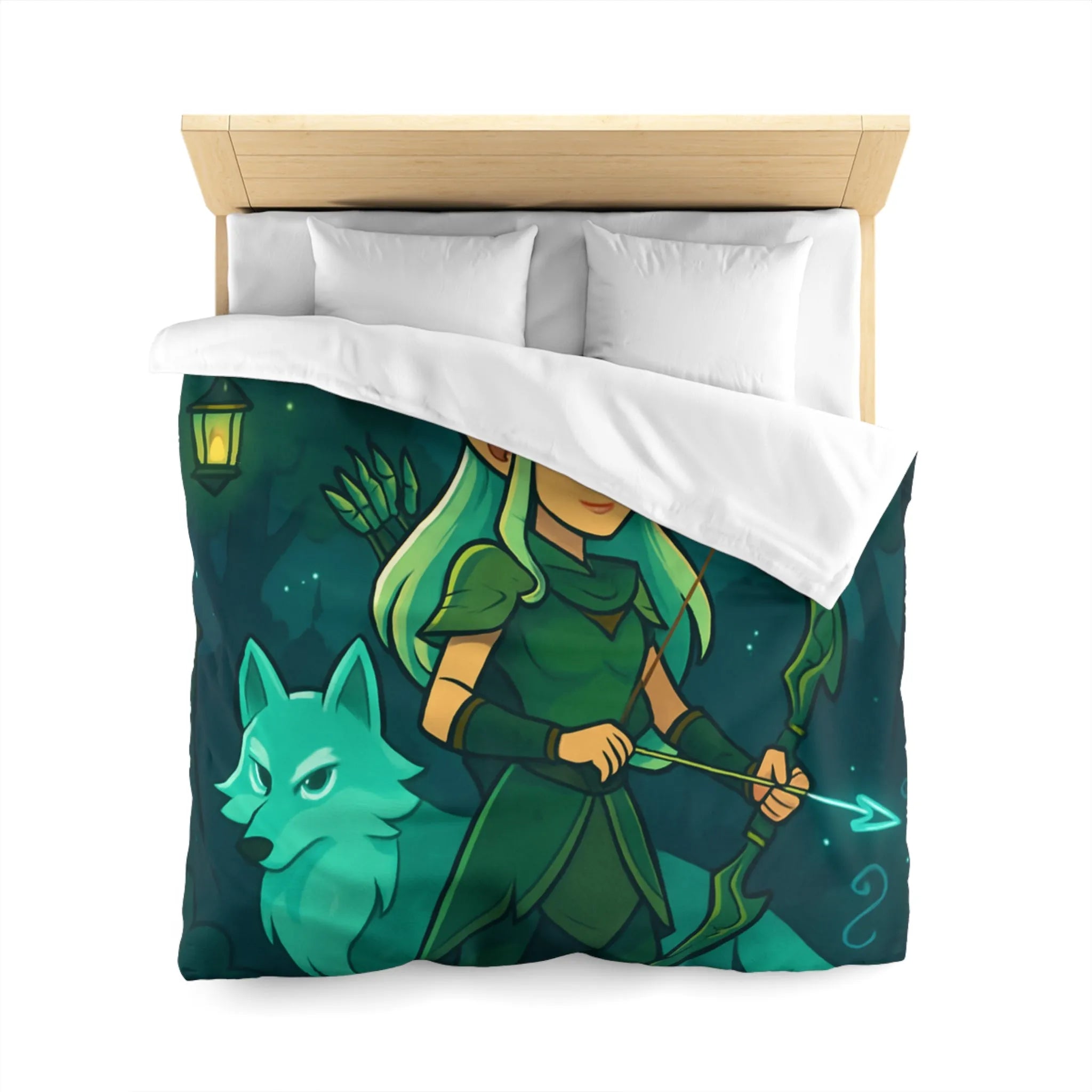 Housse de couette elfe archère et loup sous lune magique dans forêt mystérieuse