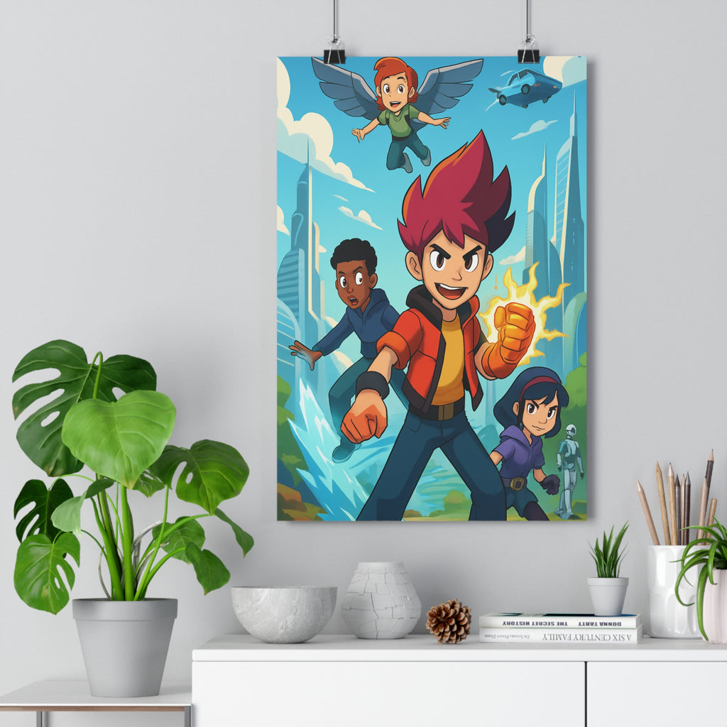 Poster décoratif futuriste dessin animé dynamique enfant héros rouge bleu moderne chambre aventure garçon