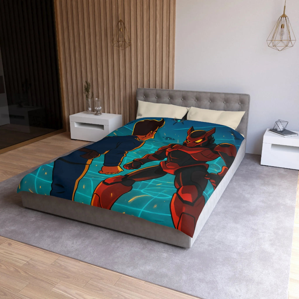 Housse de Couette avec Design Futuriste de Robot et Personnage en Armure Rouge
