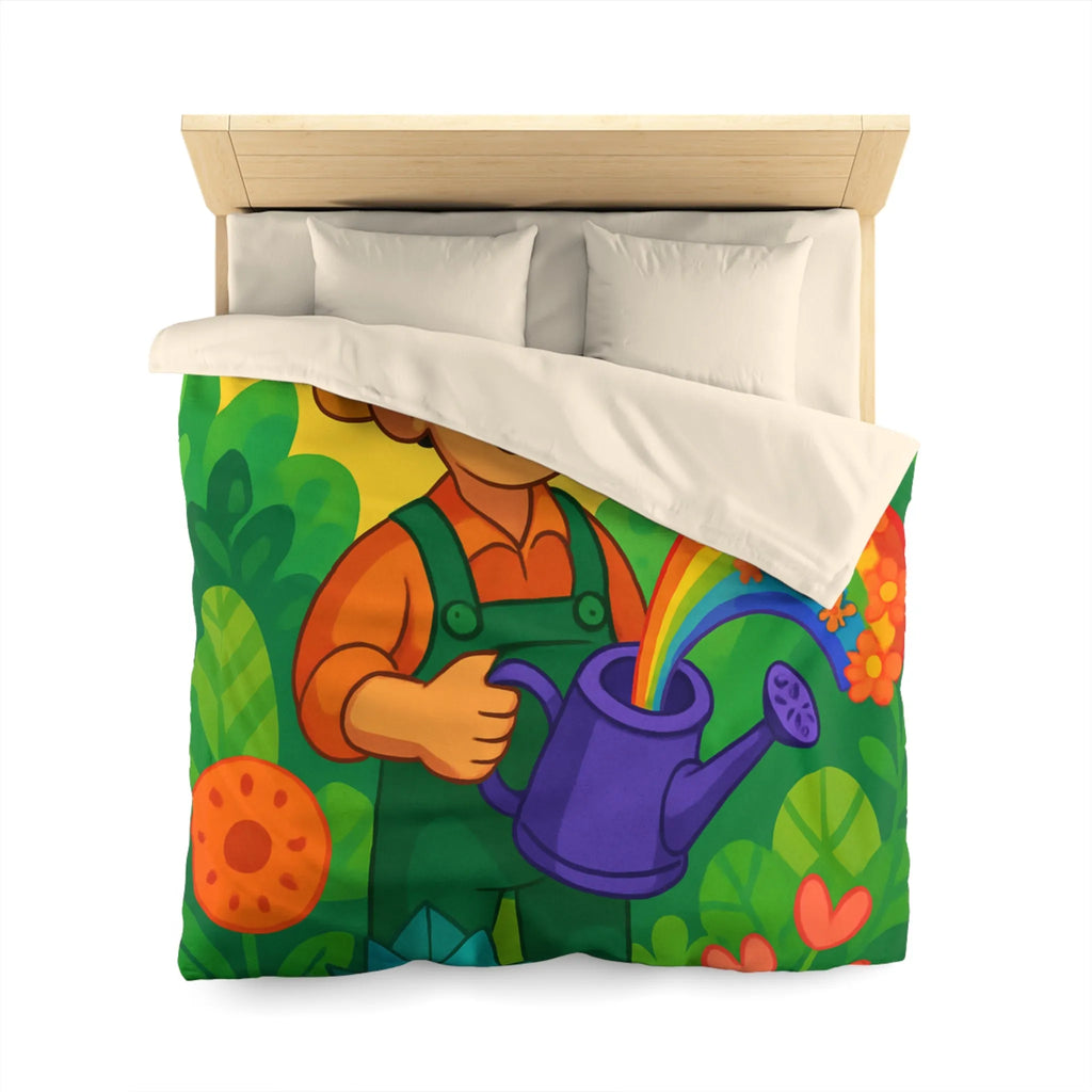 Housse de Couette Colorée avec Dessin Jardinier Arrosant des Fleurs et Arc-en-Ciel
