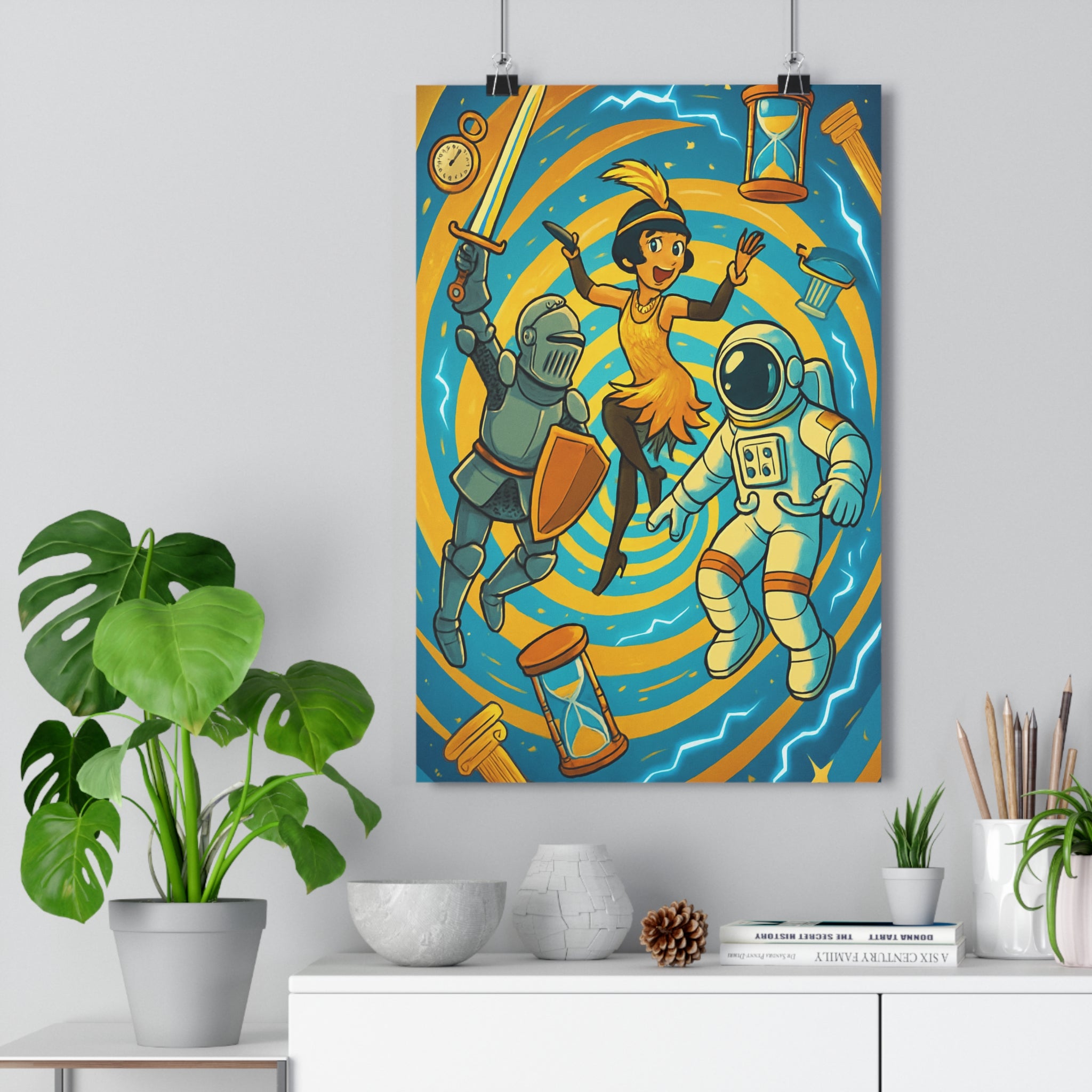 Poster décoratif cartoon bleu orange aventure historique chambre salon dynamique coloré chevalier danseuse astronaute