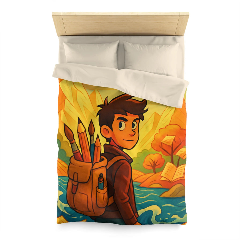 Housse de couette artistique colorée avec paysage lumineux et personnage aventureux dessiné