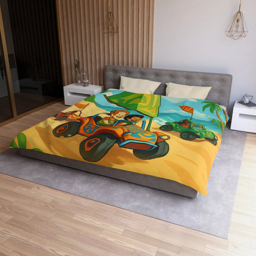 Housse de couette colorée avec motif voitures de plage et palmiers tropicaux