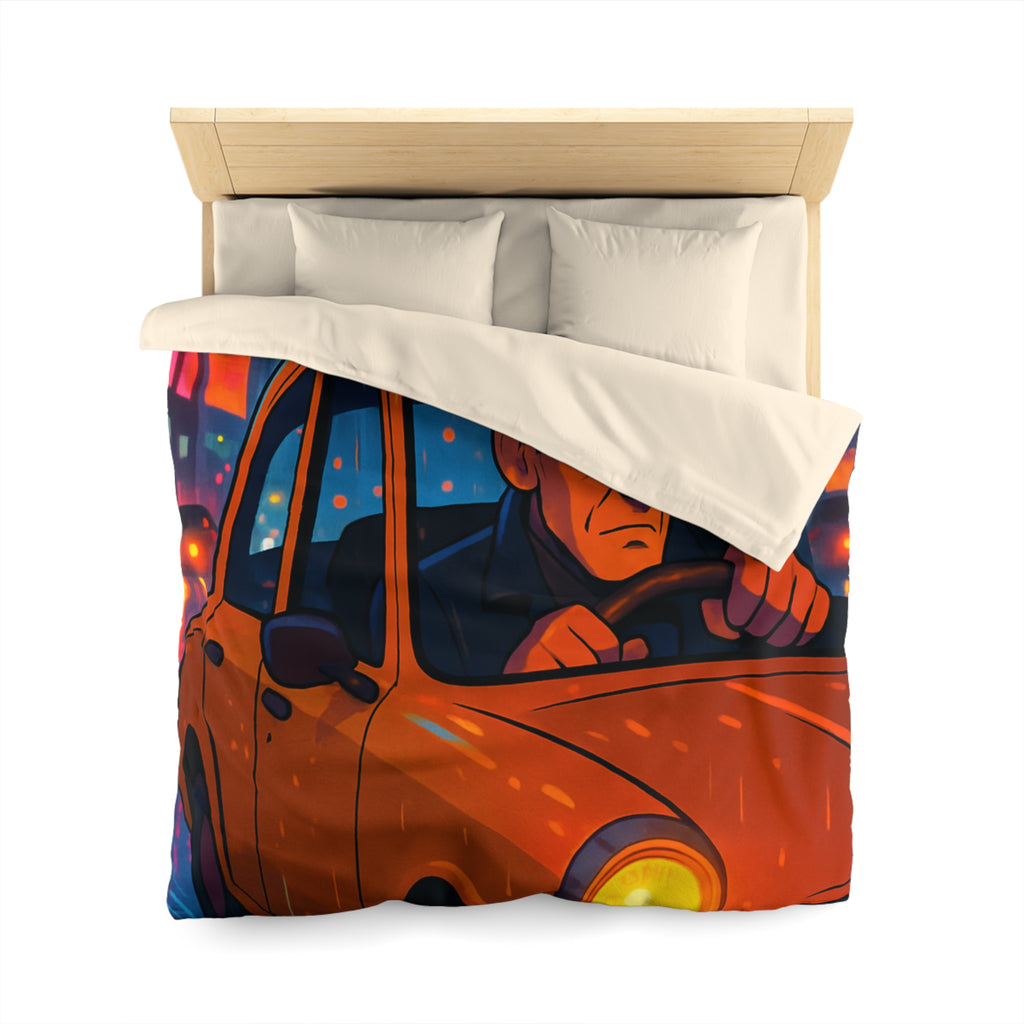 Illustration Nocturne Métropole avec Chauffeur de Taxi sous Pluie pour Housse de Couette