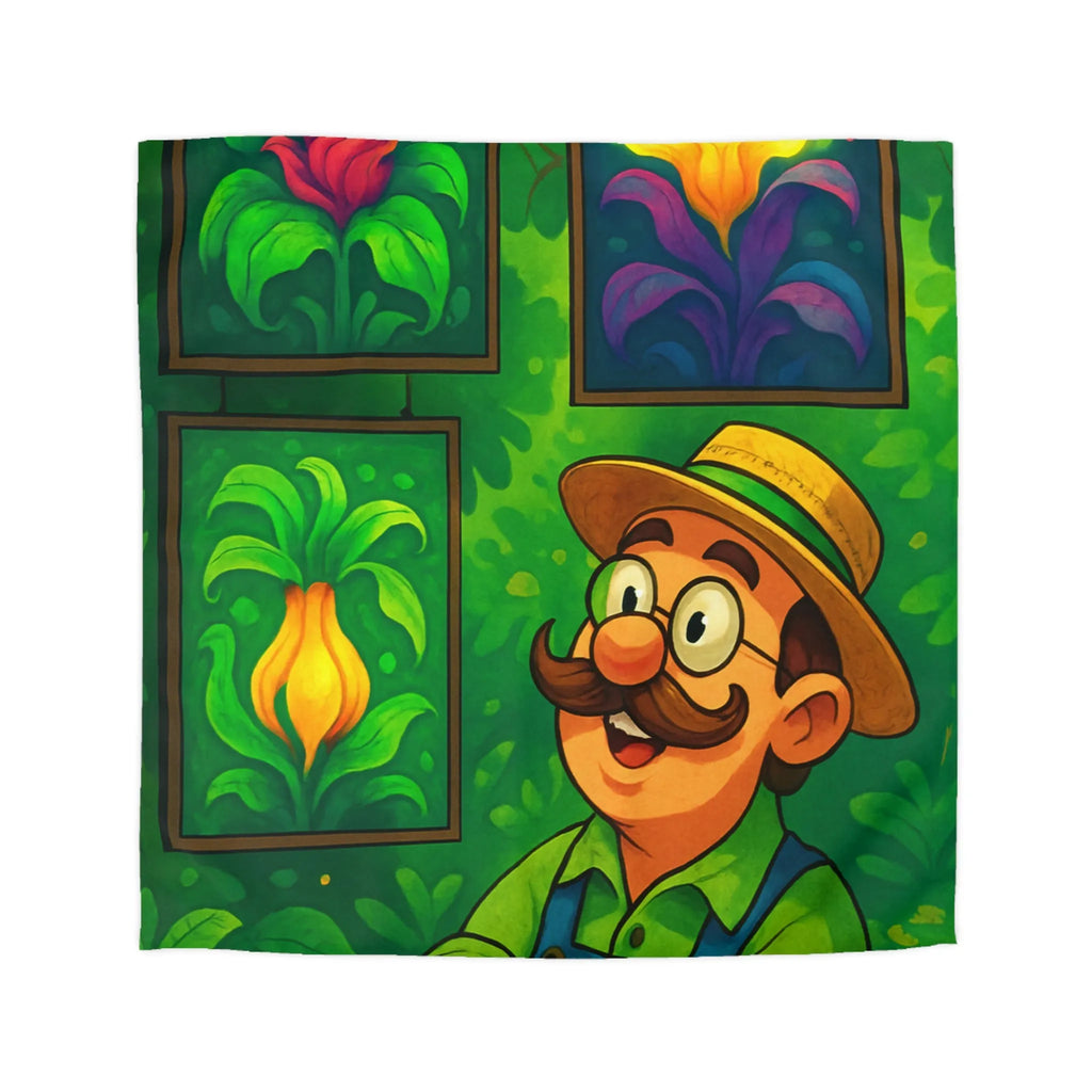 "Housse de Couette Motif Tropical avec Fleurs Exotiques et Jardinier Heureux Illustré"