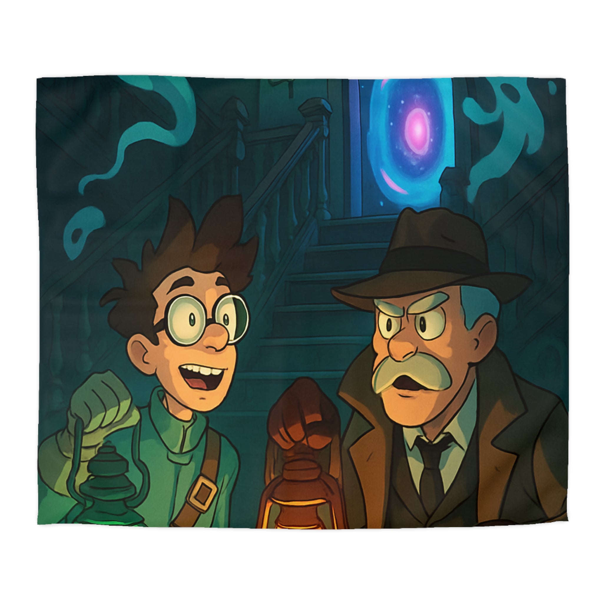 Housse de couette mystère avec lanternes, enquêteurs, fantômes et portail mystérieux