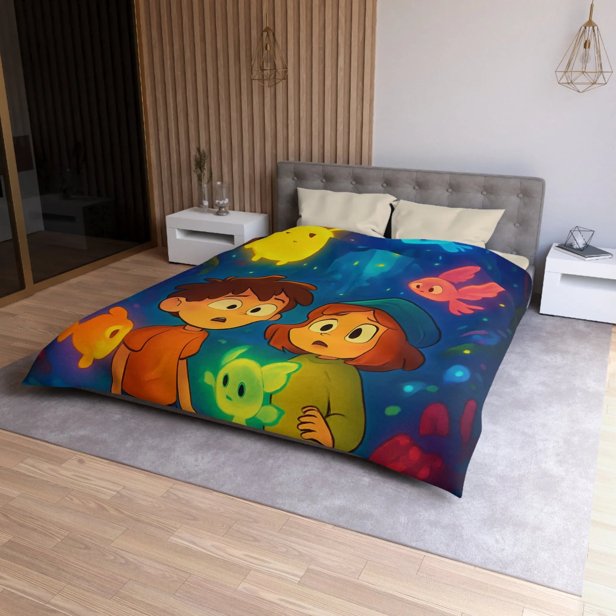 Housse de Couette Enfant Fantaisie avec Créatures Lumineuses dans Forêt Mystérieuse et Enchantée