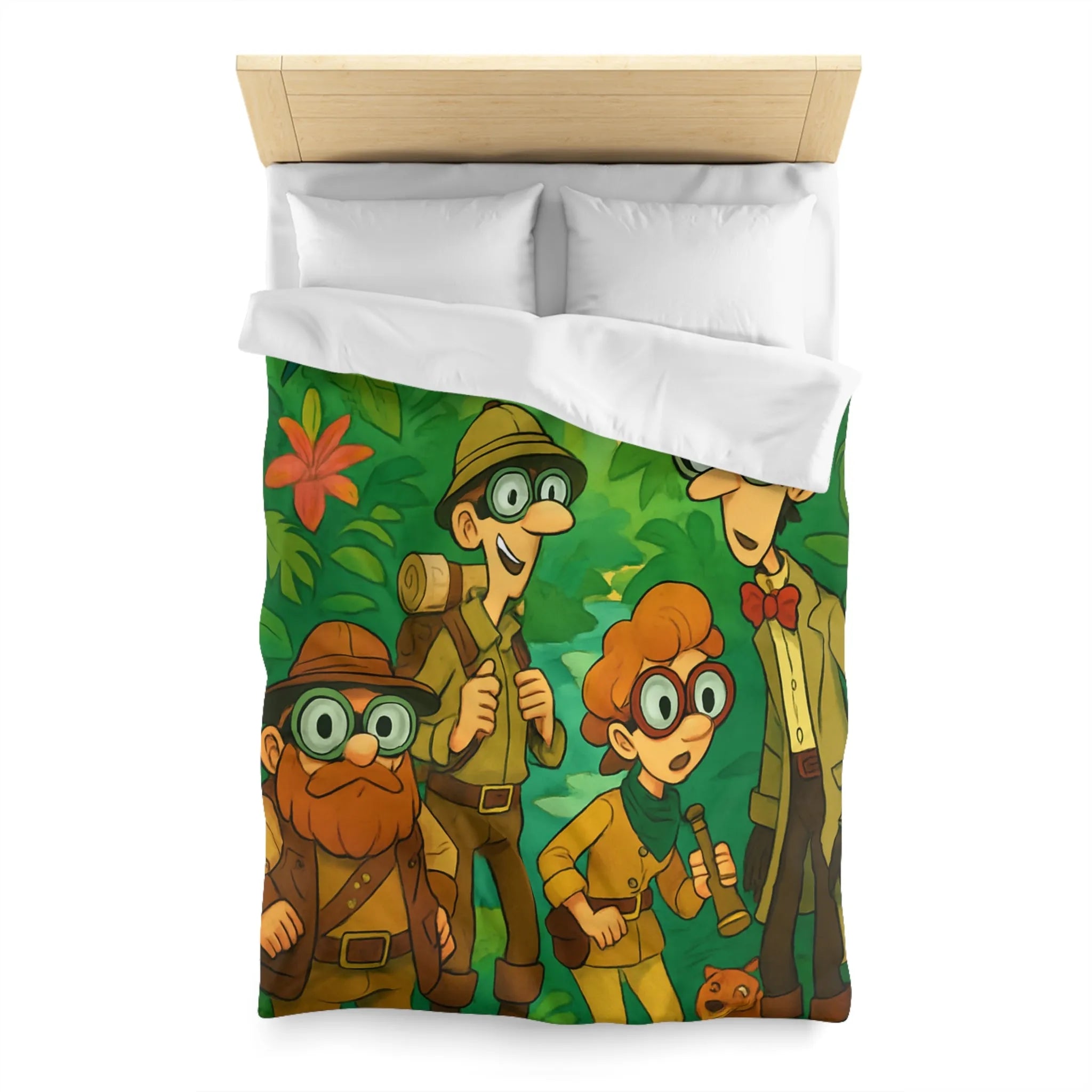 Housse de couette jungle colorée avec explorateurs, perroquet et singe aventureux