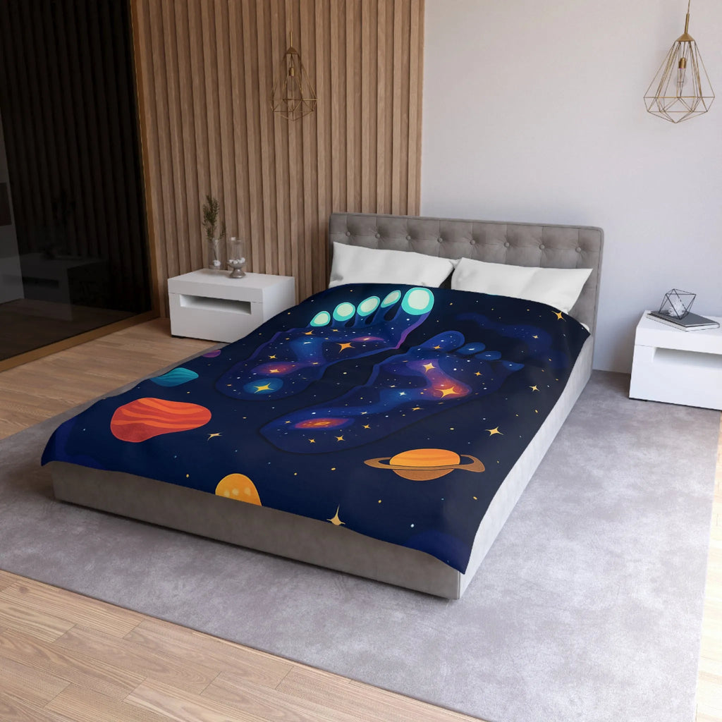 Housse de Couette Cosmos Enchanté avec Motifs de Pieds Galactiques Étincelants et Planètes