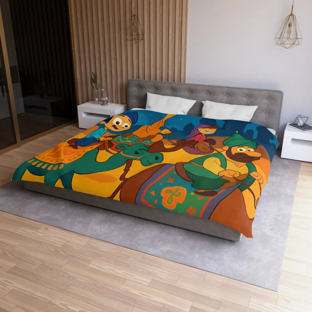 Housse de couette illustrée des enfants et chameaux sous un ciel étoilé magique