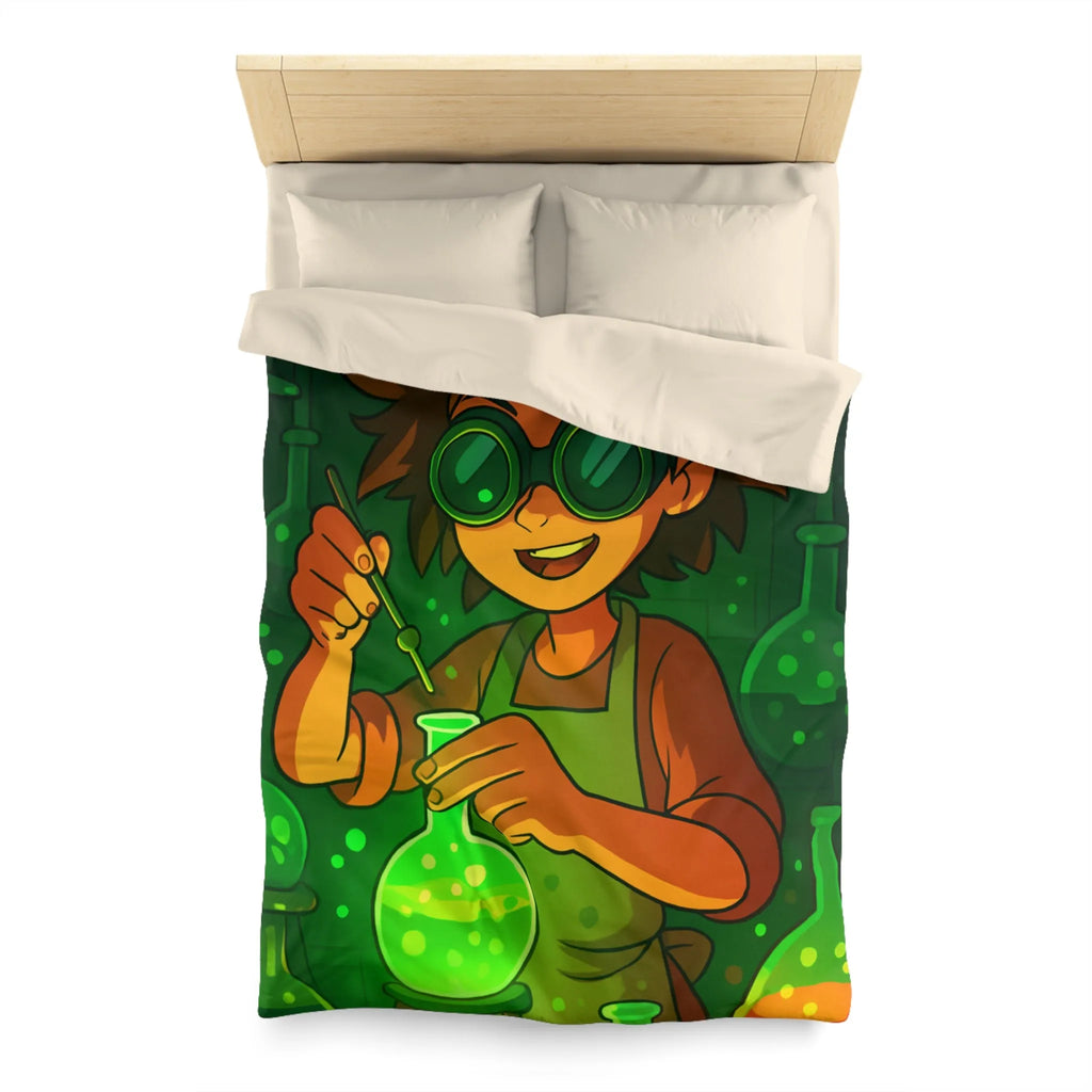 Housse de couette colorée avec un jeune chimiste dans un laboratoire mystérieux et magique