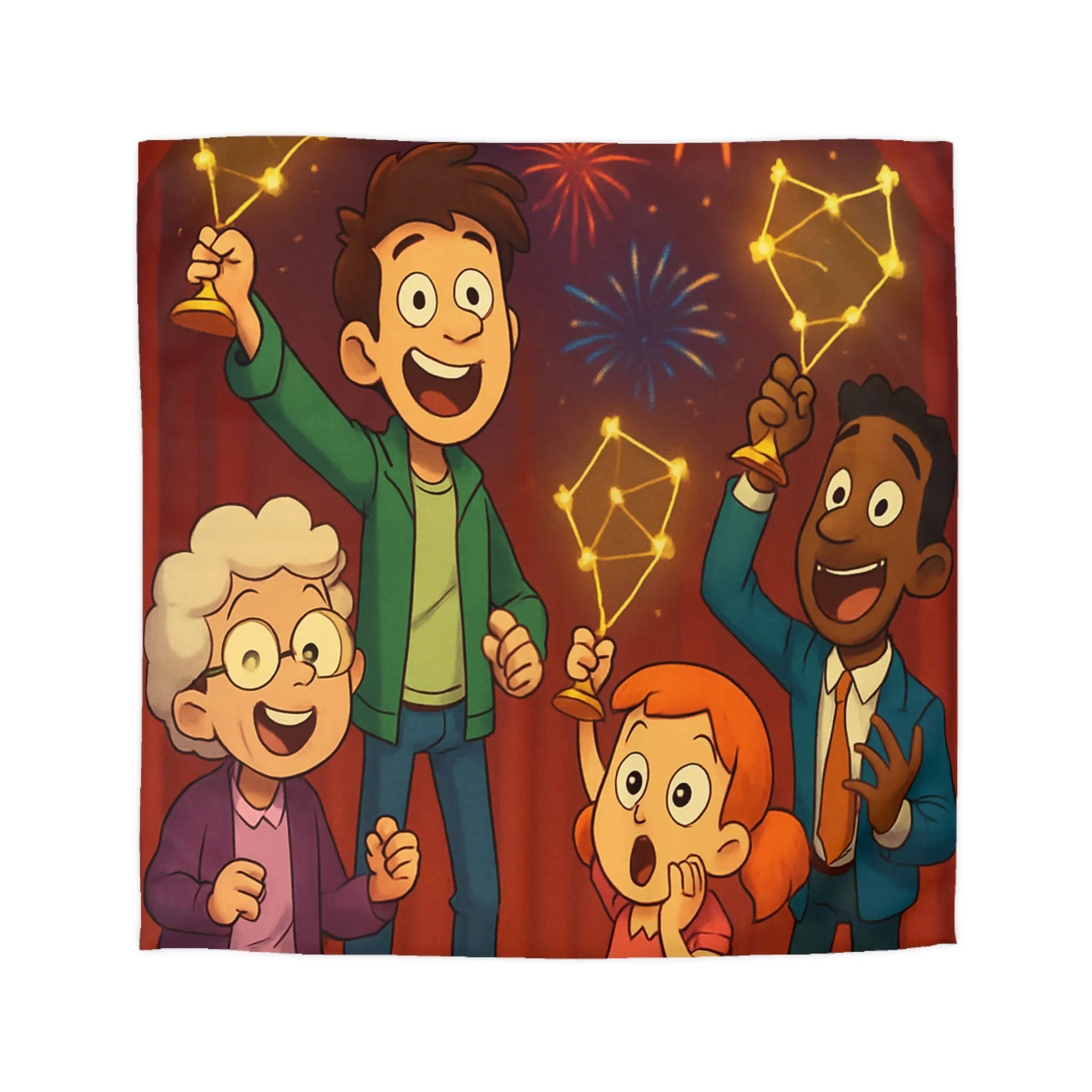 Housse de couette colorée enfants avec feux d'artifice et personnages dessin animé joyeux