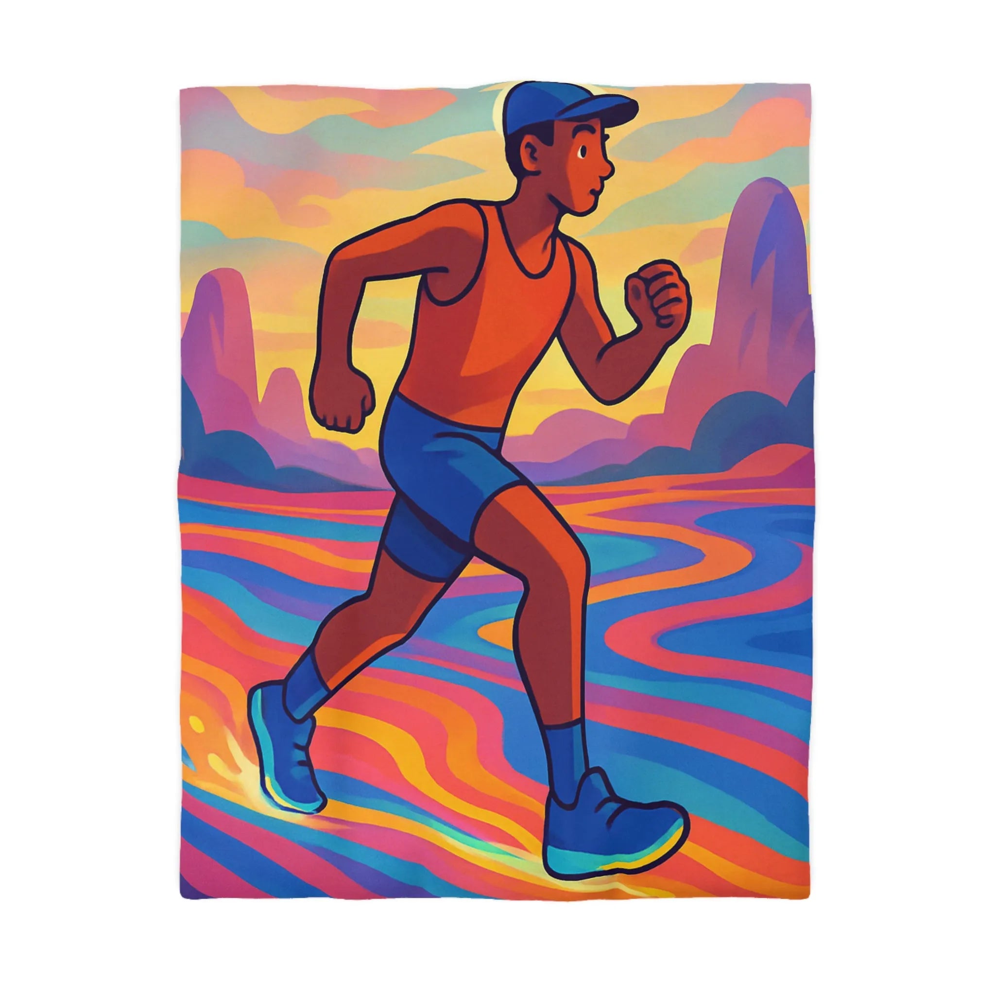 Housse de couette colorée avec silhouette sportive vibrant dans un paysage surréaliste abstrait