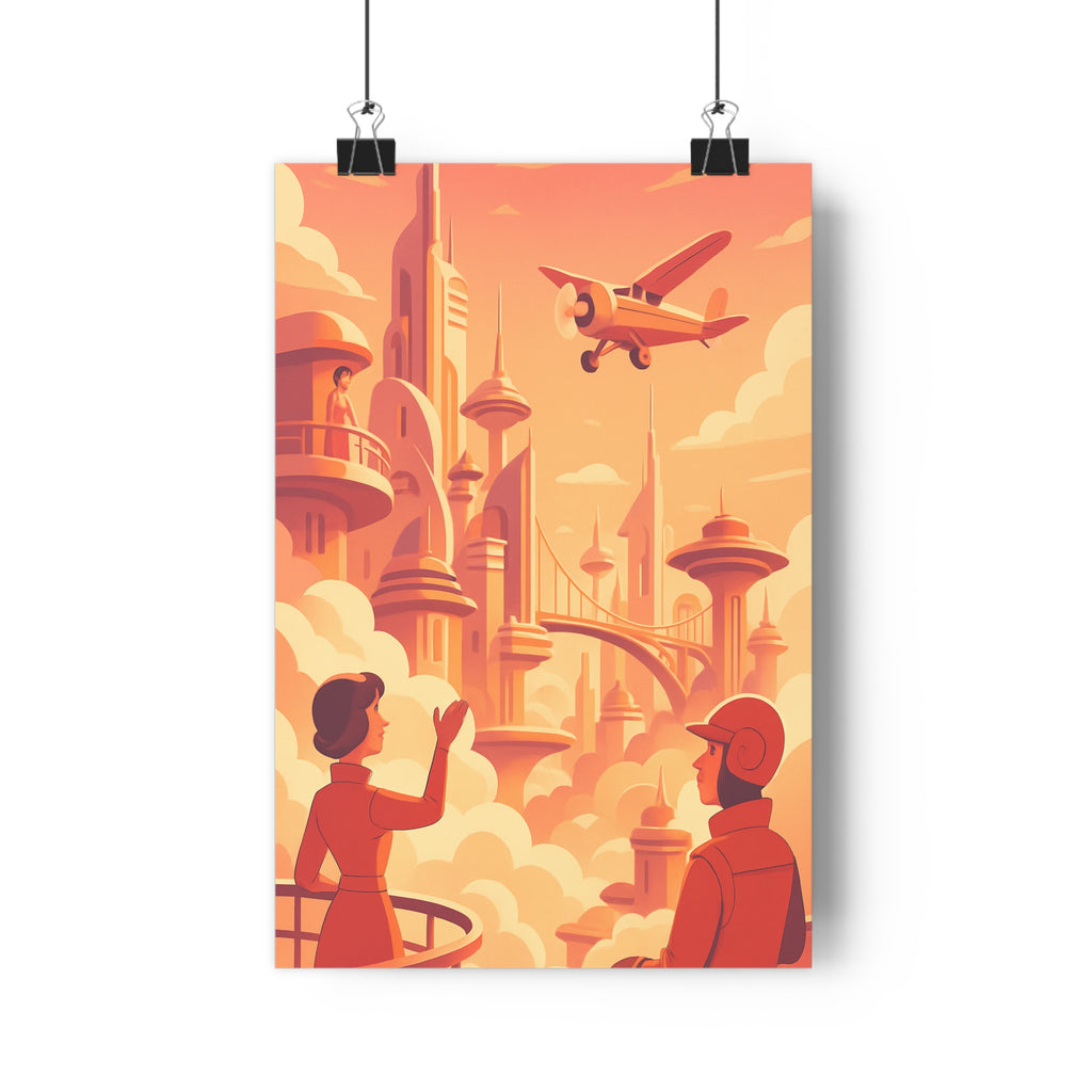 Poster décoratif rétrofuturiste orange rose salon bureau rêveur nostalgique moderne design unique inspirant élégant