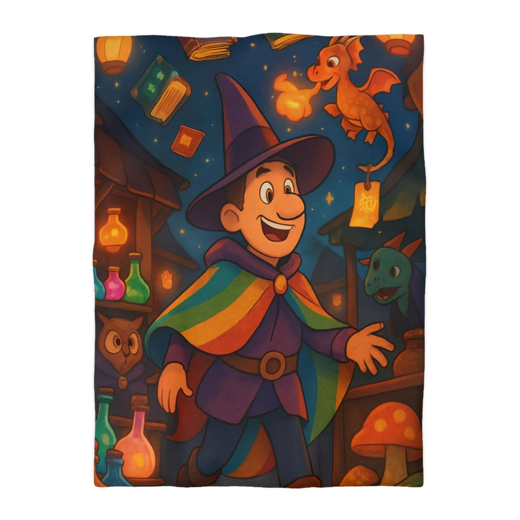 Housse de couette magique avec envoûtant motif de sorcier, dragon et livres enchantés