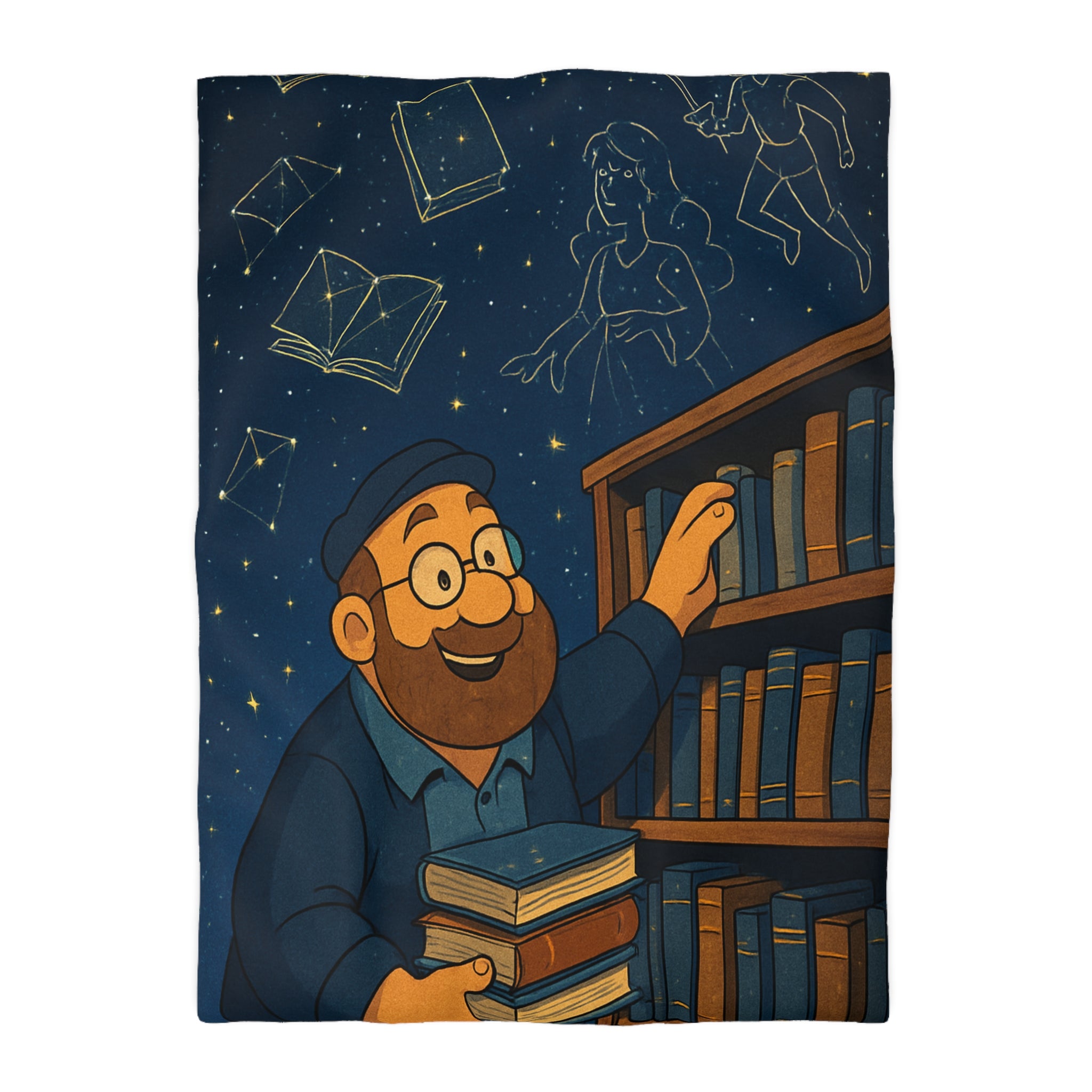Housse de couette magique avec bibliothécaire sous ciel étoilé et livres animés