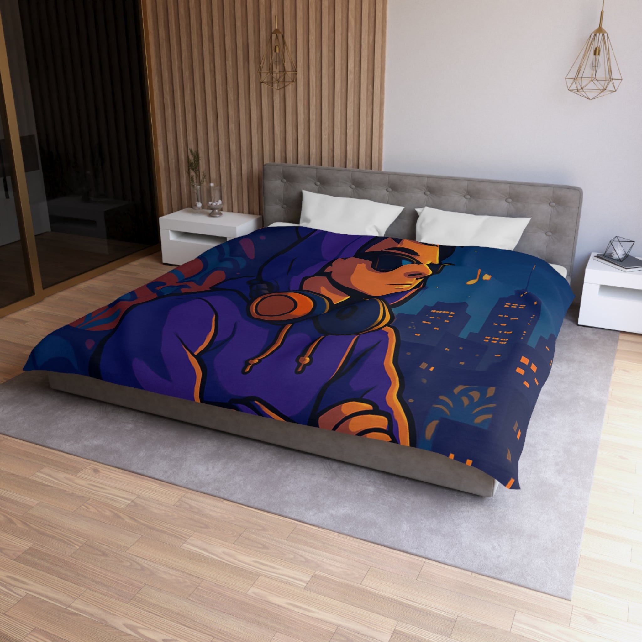 Housse de Couette Style Urbain avec Motifs Musique et Paysage Nocturne Animé