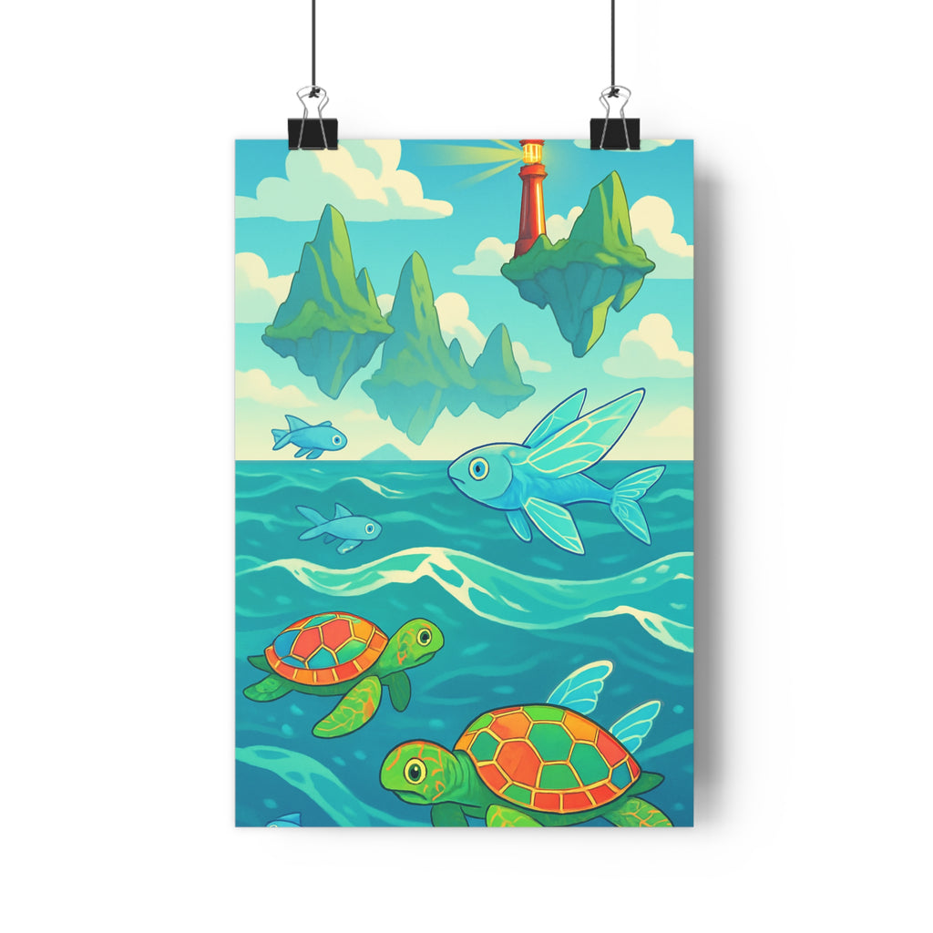 Poster décoratif marin enfant tortues poissons volant turquoise rouge cartoon magique chambre apaisant tendance