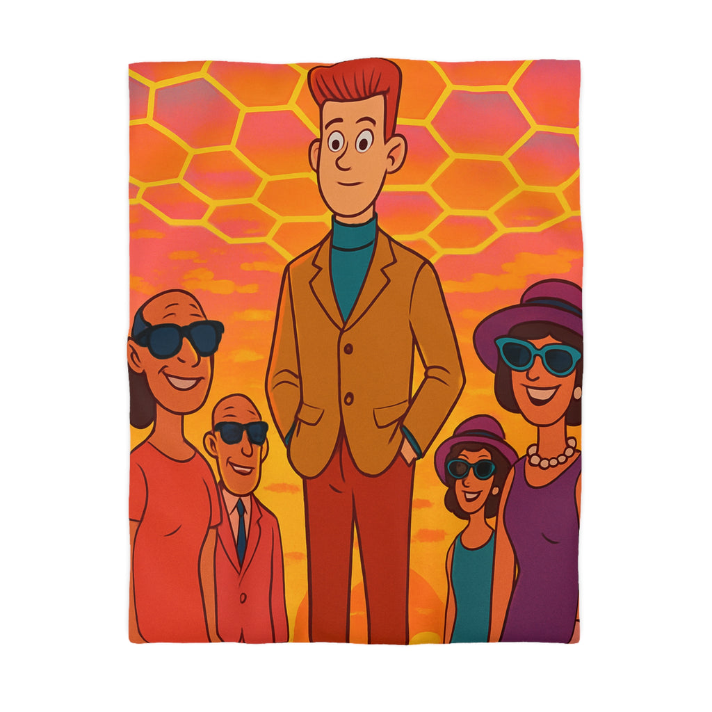 Motifs colorés hexagonaux vibrant avec personnages stylisés dans un paysage ensoleillé unique