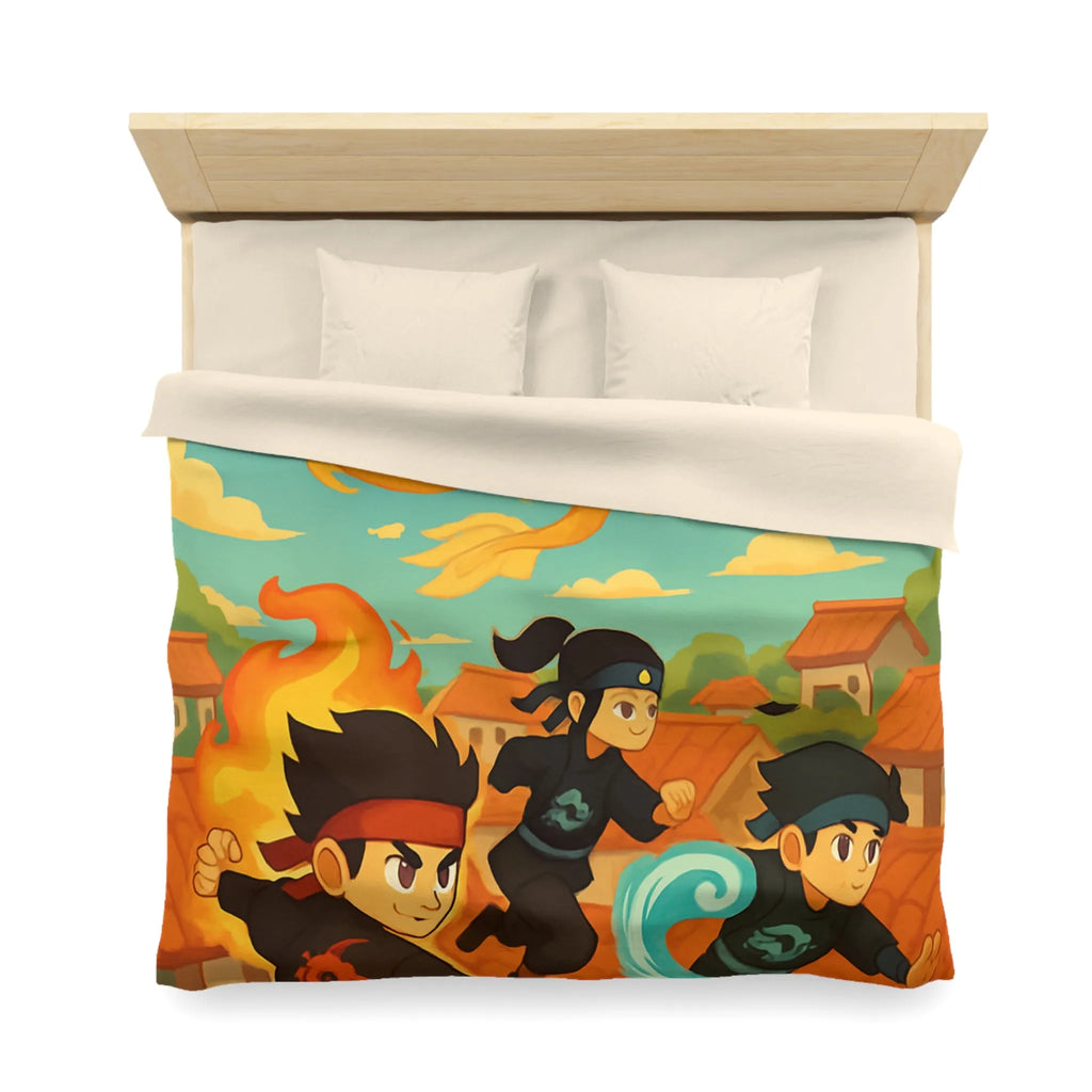 Housse de couette avec ninjas sautant et dragon doré dans un ciel ensoleillé