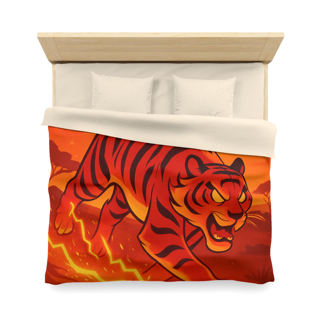 Housse de couette tigre dynamique avec coucher de soleil flamboyant en arrière-plan vibrant