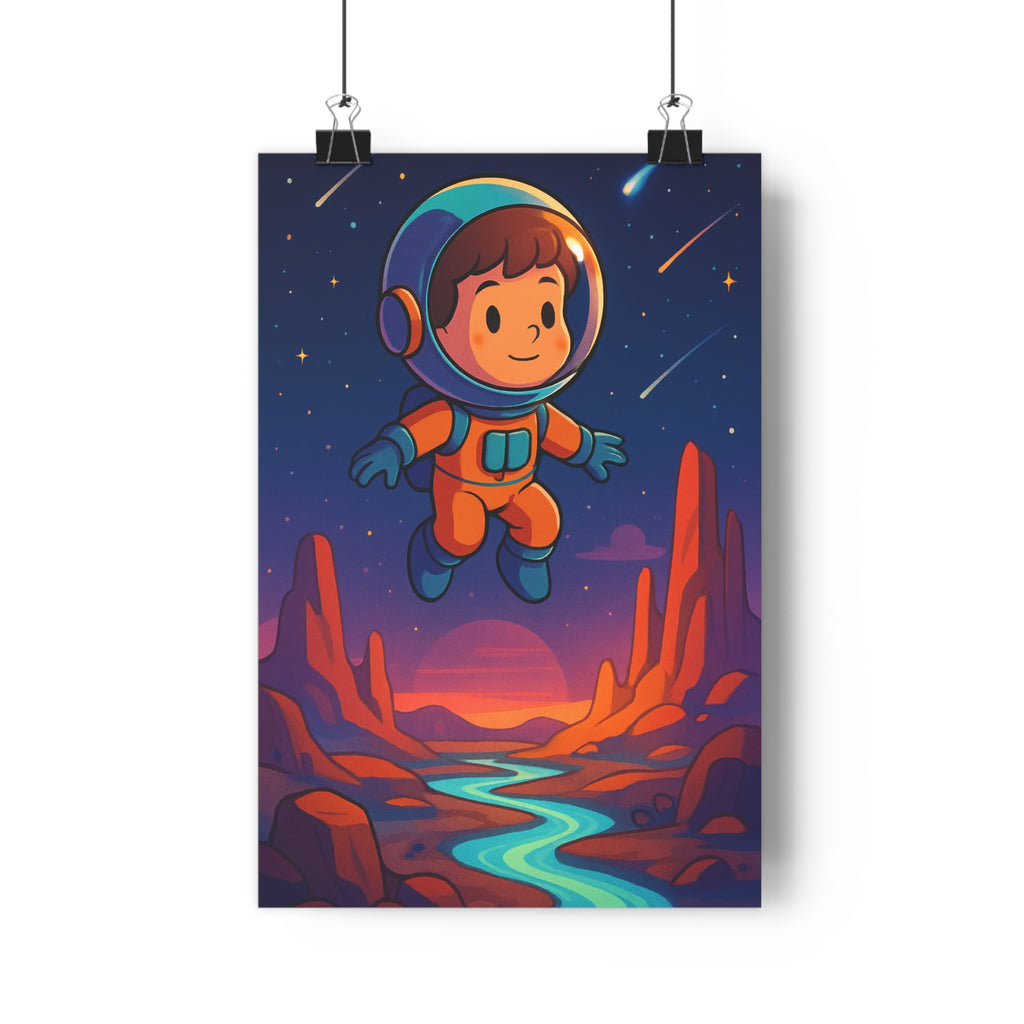 Poster décoratif astronaute cartoon bleu orange rêveur enfant chambre exploration espace paysage montagne étoilé