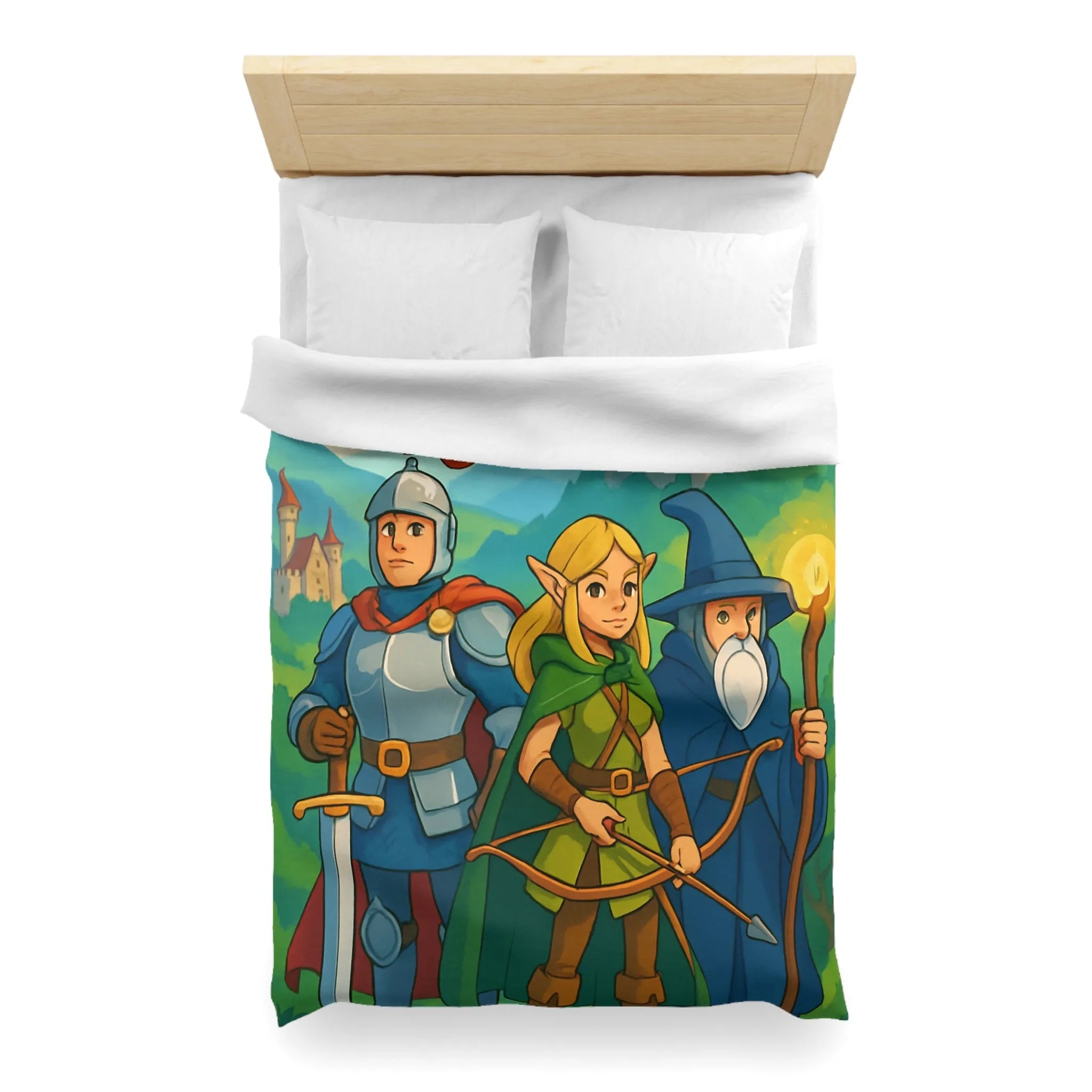 Housse de Couette Fantasy avec Chevalier, Archer Elf, Magicien, Château et Dragons