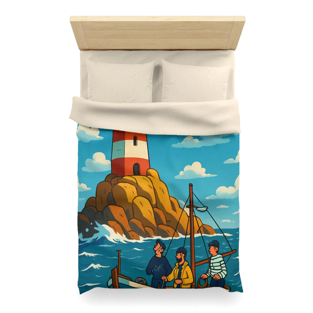 Housse de couette maritime avec phare, bateau et équipage sur mer agitée