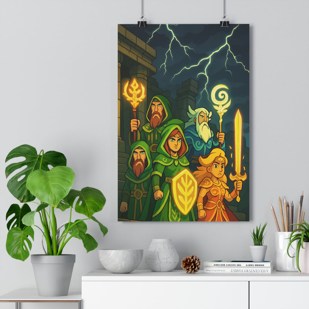 Poster décoratif guerriers mystiques vert bleu orange aventurier chambre enfant magique action dynamique 30x46