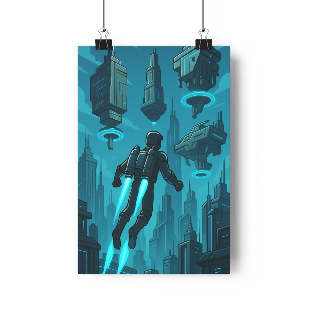 Poster décoratif futuriste personnage jetpack bleu gris cartoon dynamique bureau chambre 30x46 aventure qualité