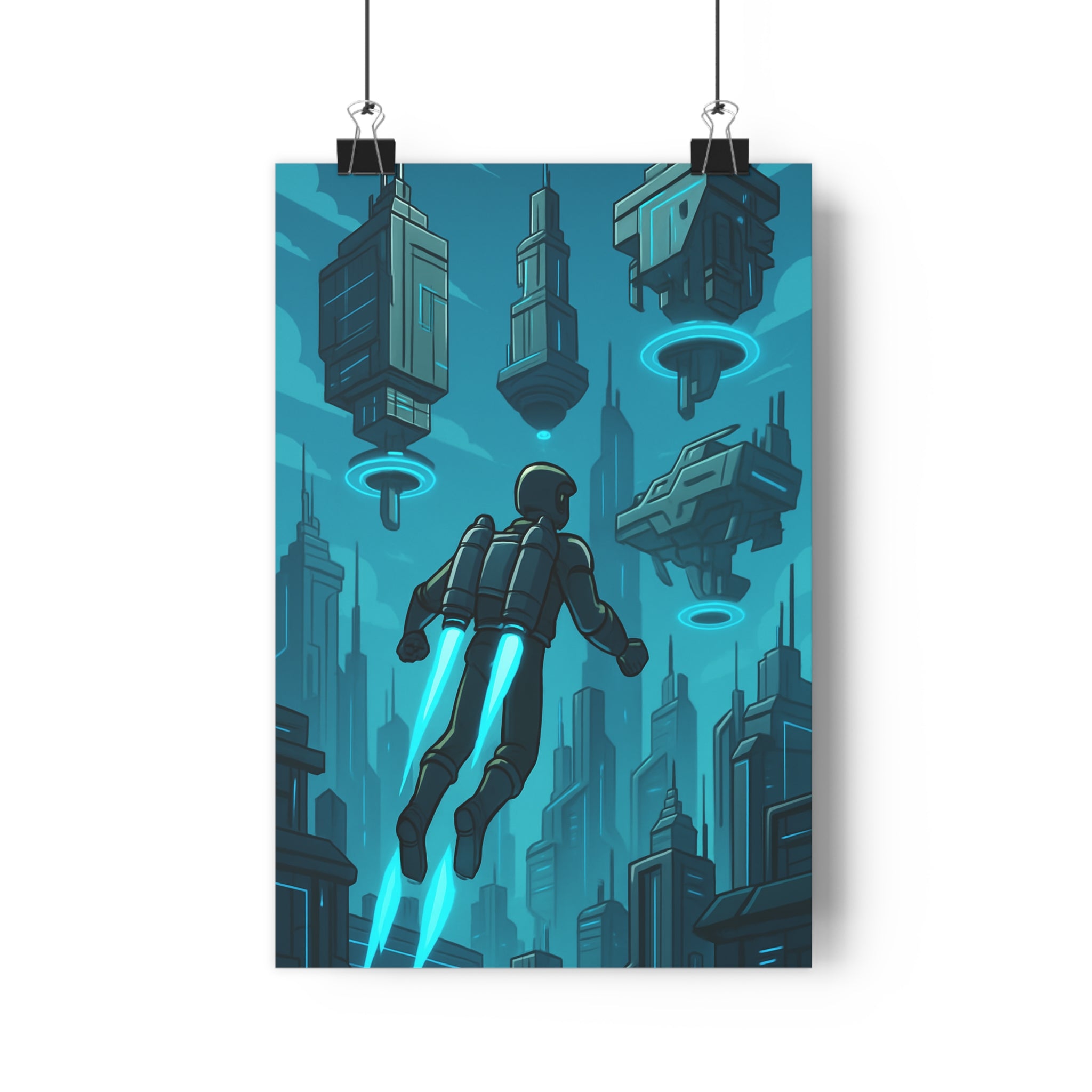 Poster décoratif futuriste personnage jetpack bleu gris cartoon dynamique bureau chambre 30x46 aventure qualité