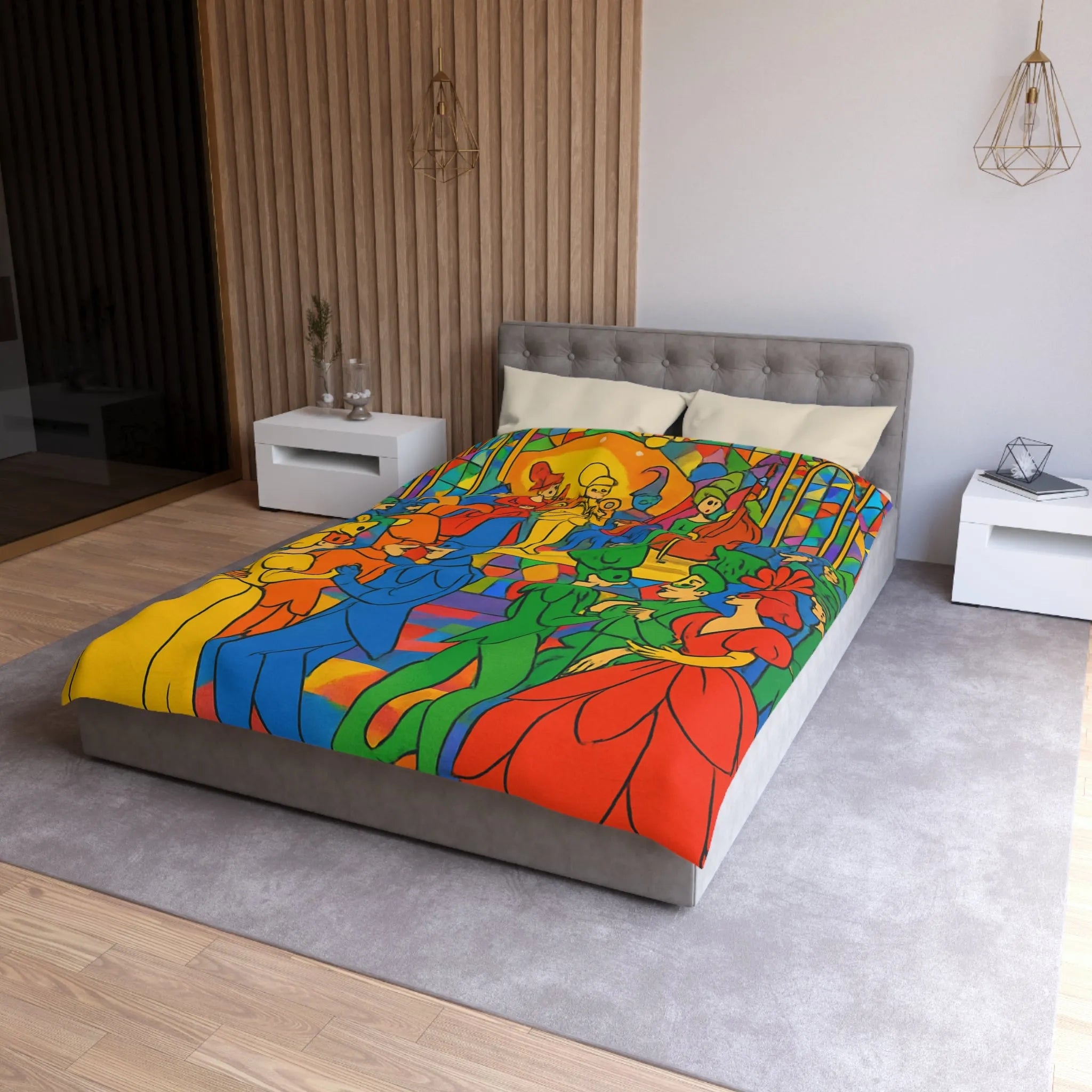 Housse de couette colorée avec scène de bal masqué inspirée du style vitrail