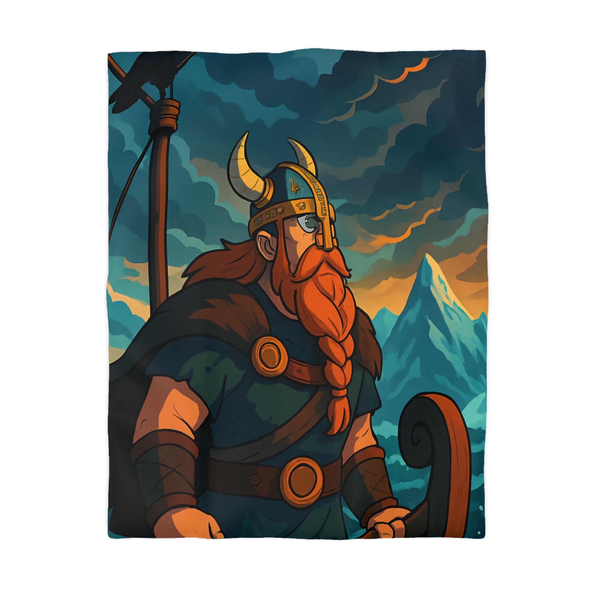 Housse de couette viking avec montagnes enneigées et nuages dramatiques, ambiance épique garantie